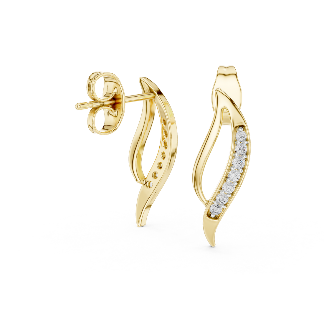 Round Cut Diamond Curved Leaf Pavé Set Modern Drop Earrings