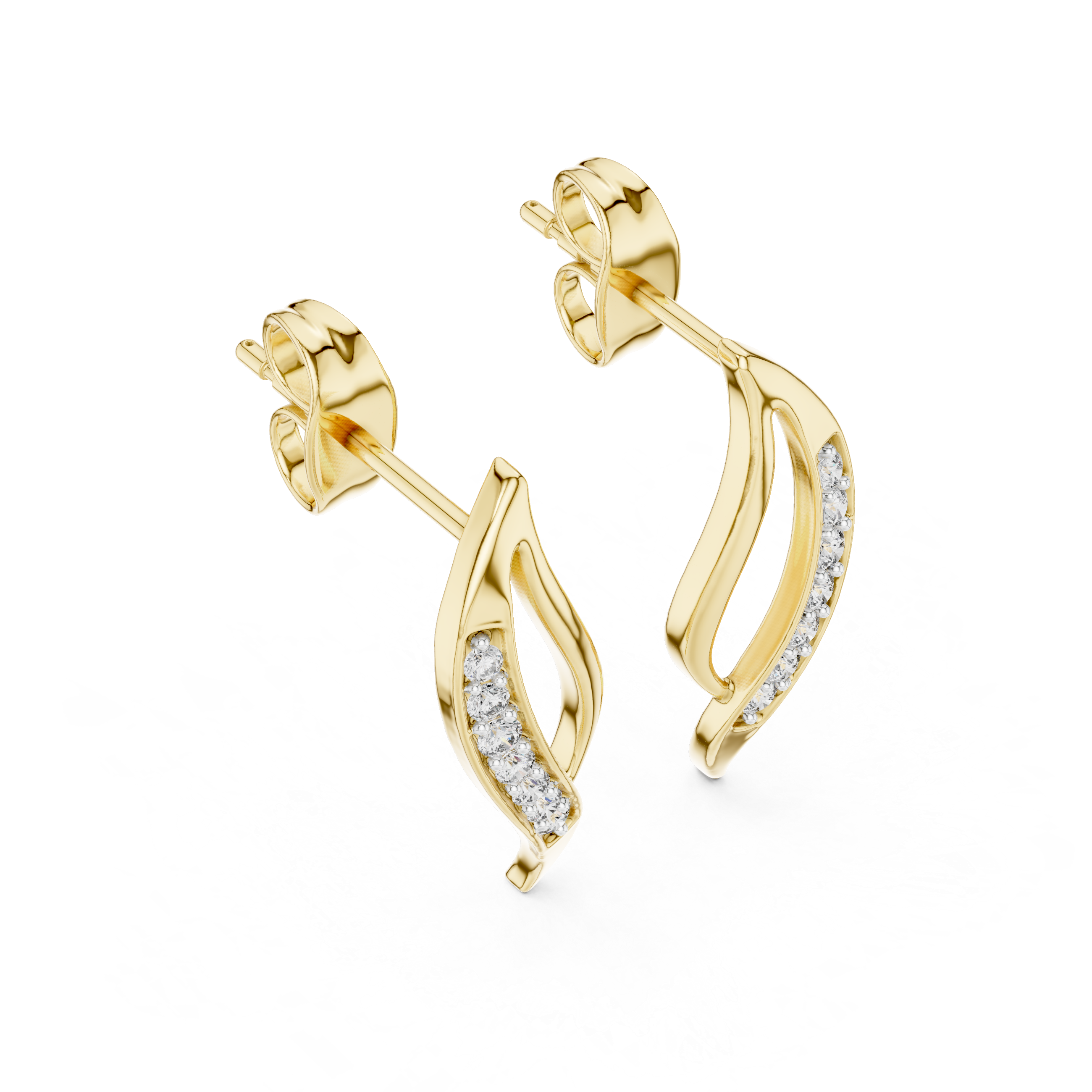 Round Cut Diamond Curved Leaf Pavé Set Modern Drop Earrings