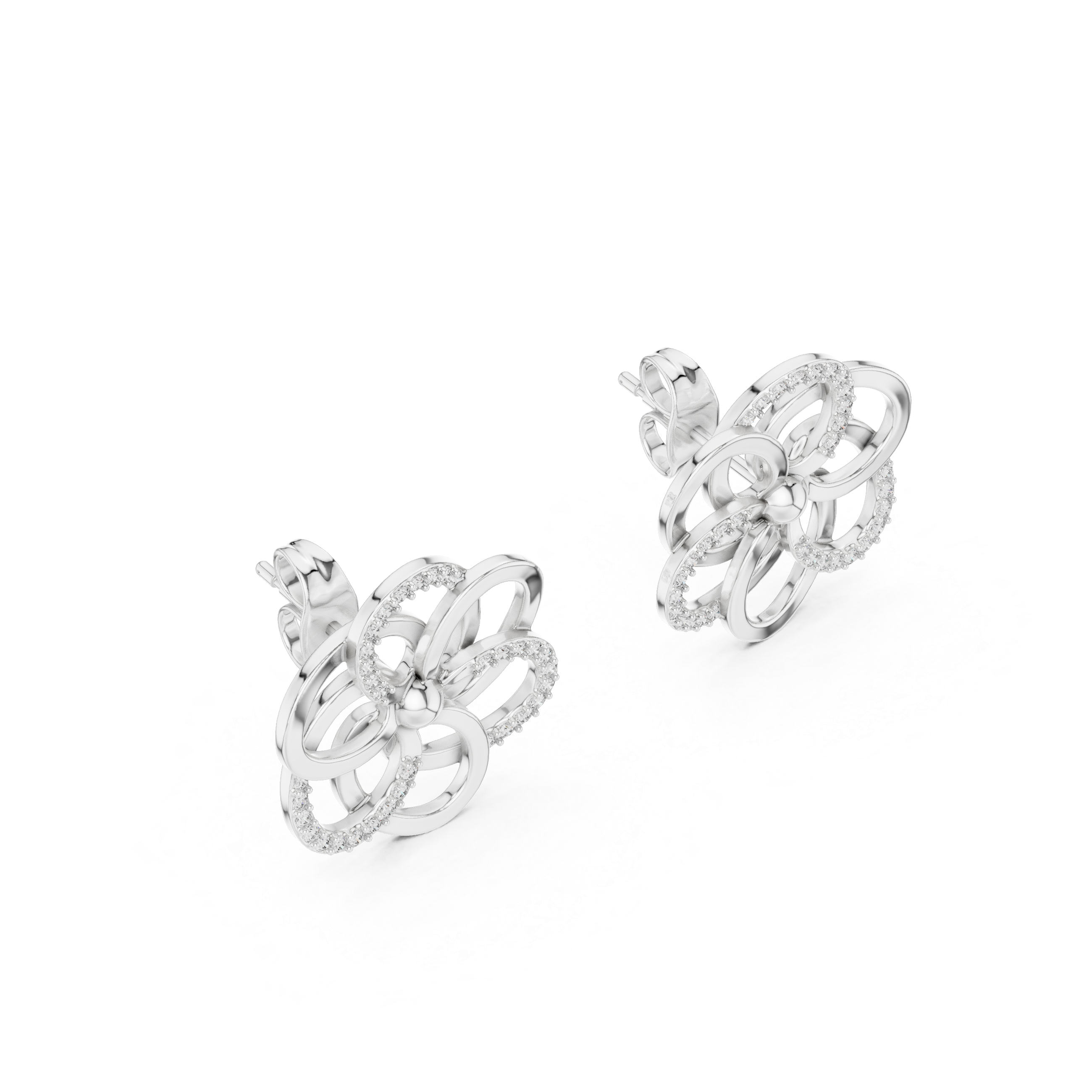 Diamond flower stud earrings with bright shine.
