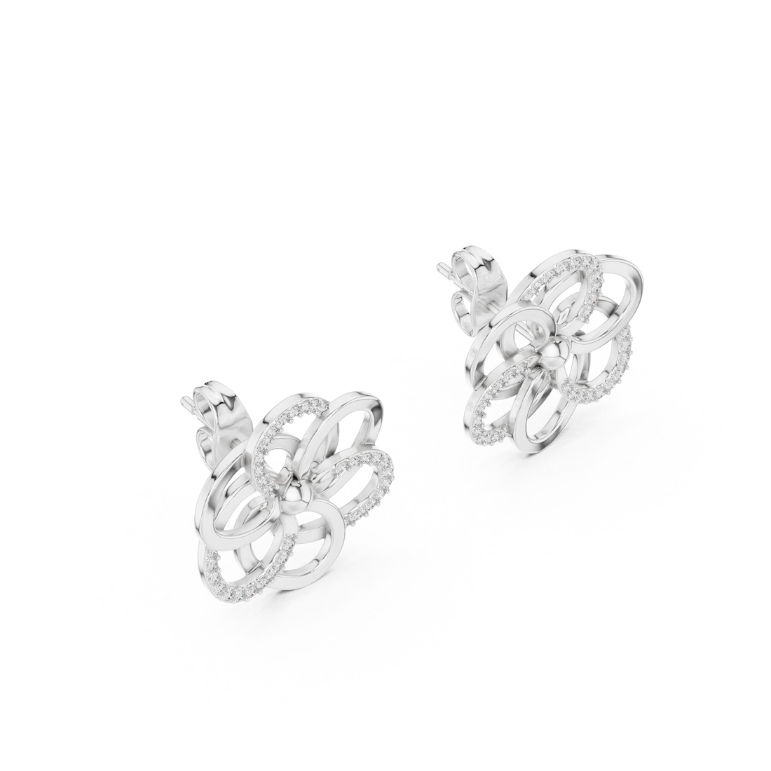 Diamond flower stud earrings with bright shine.
