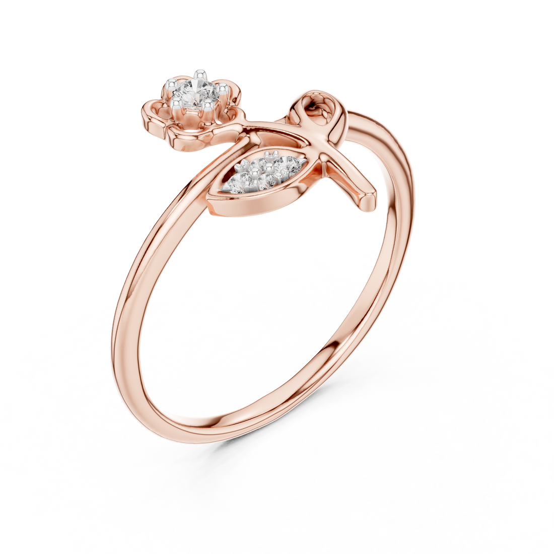 Round Cut Diamond Floral Solitaire Ring with Leaf Accent