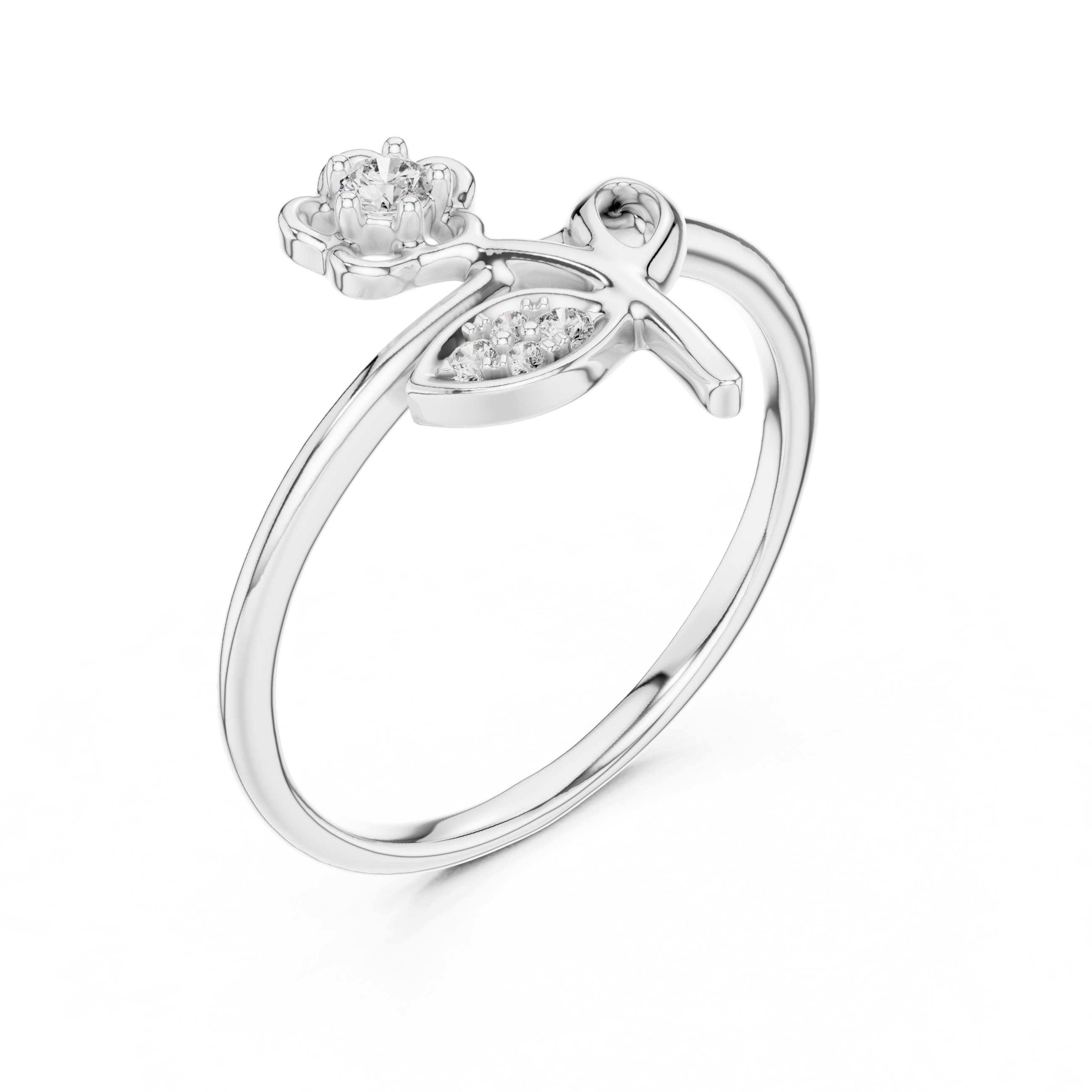 Round Cut Diamond Floral Solitaire Ring with Leaf Accent