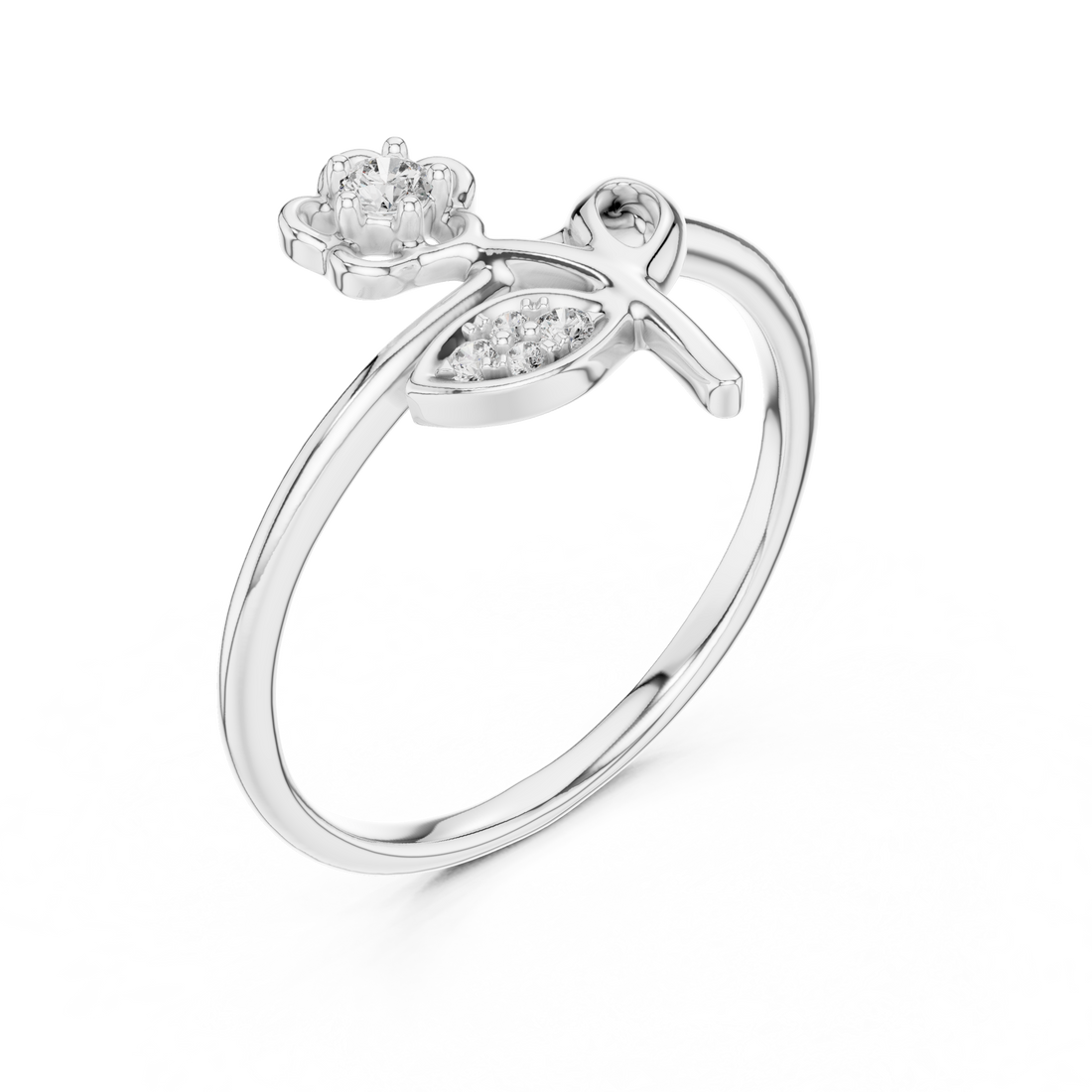 Round Cut Diamond Floral Solitaire Ring with Leaf Accent