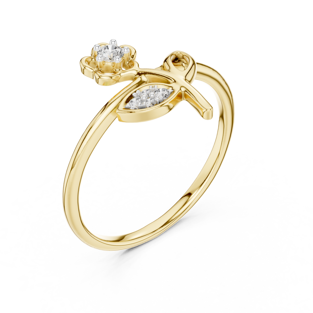 Round Cut Diamond Floral Solitaire Ring with Leaf Accent