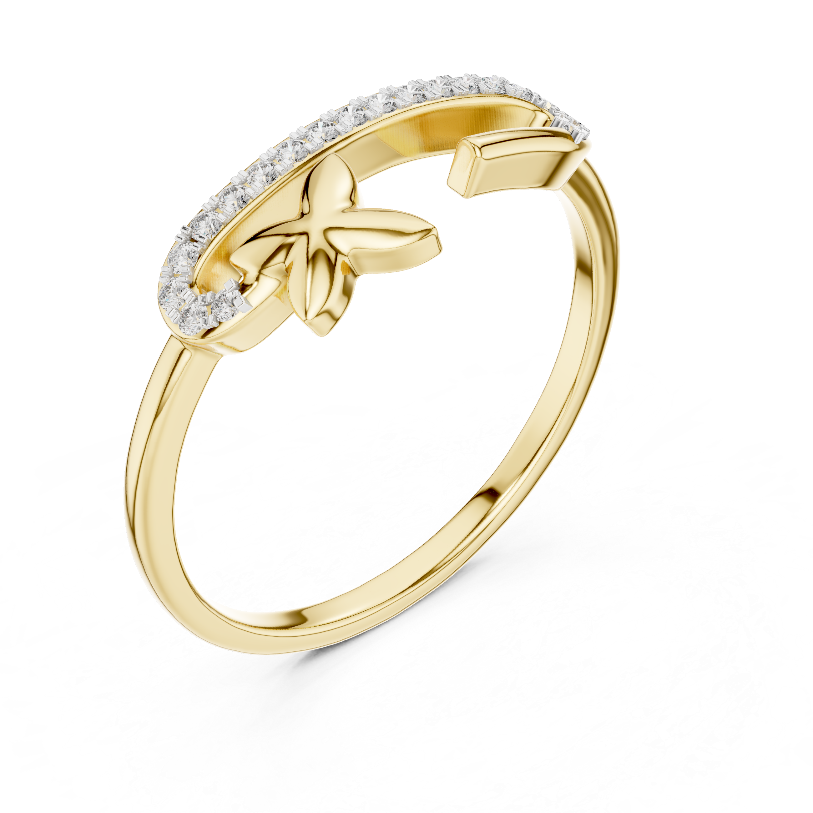 Round Cut Diamond Open Cuff Ring with Star Charm