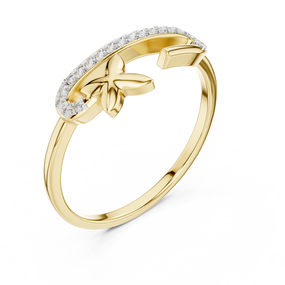 Round Cut Diamond Open Cuff Ring with Star Charm