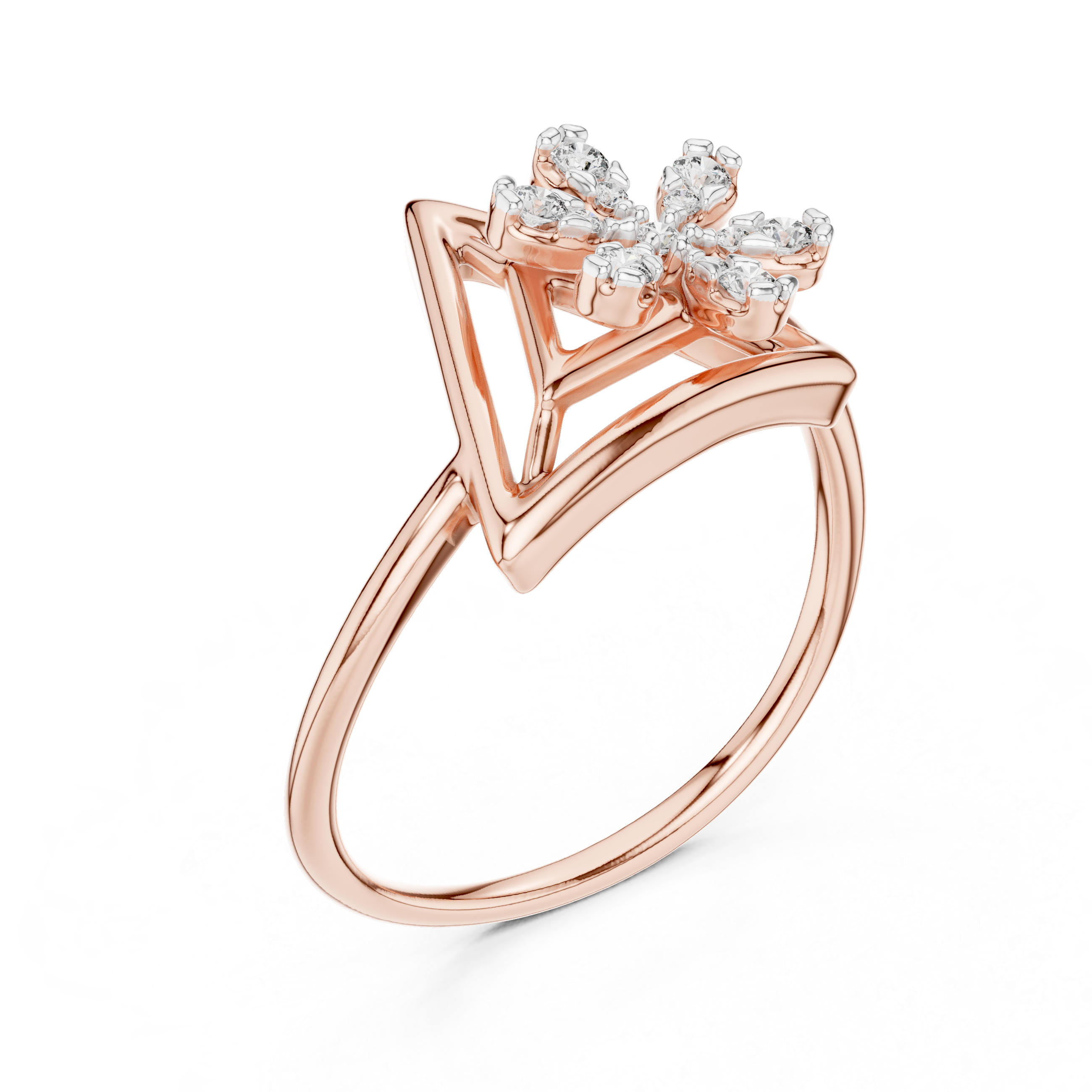 Round Cut Diamond Floral Cluster Triangle Ring