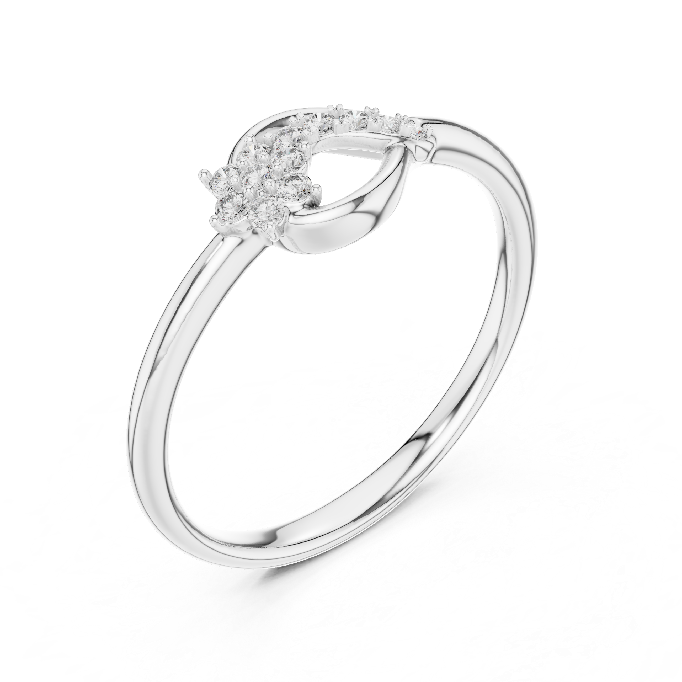 Round Cut Diamond Twist Ring with Floral Cluster and Side Stone Accents