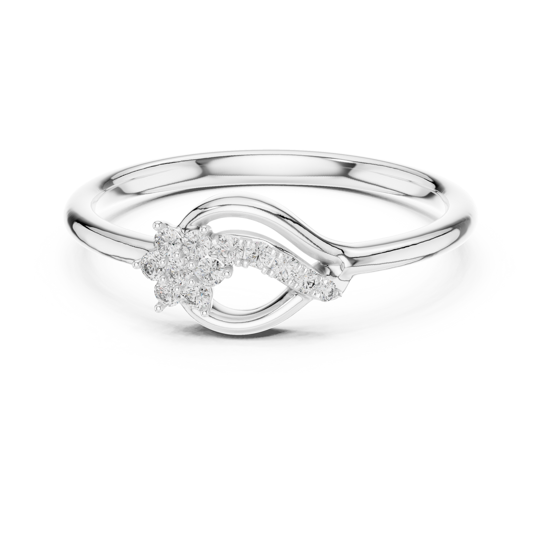 Round Cut Diamond Twist Ring with Floral Cluster and Side Stone Accents