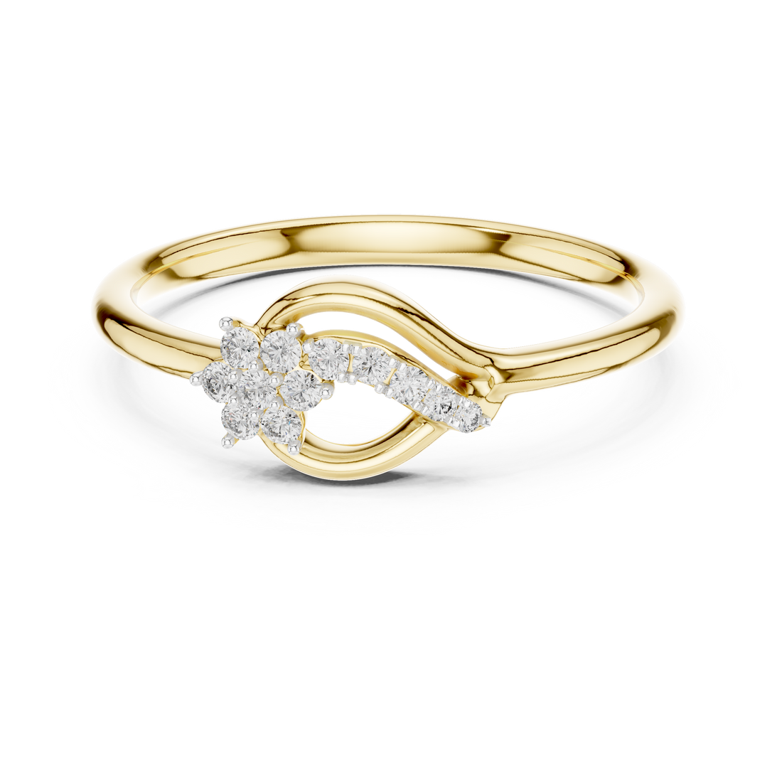 Round Cut Diamond Twist Ring with Floral Cluster and Side Stone Accents