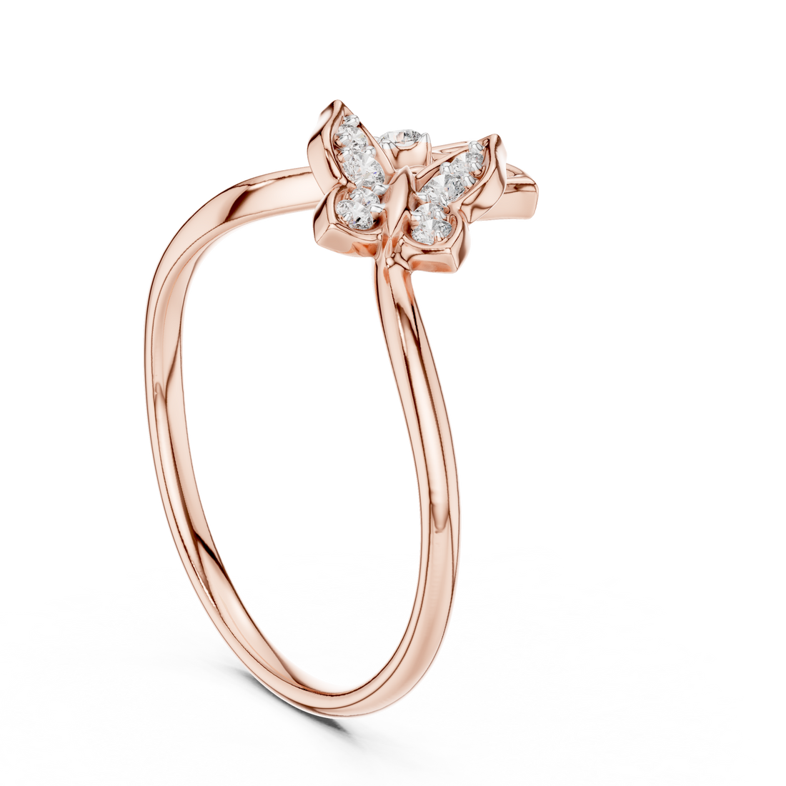 Round Cut Diamond Butterfly Motif Open Ring with Delicate Side Accents