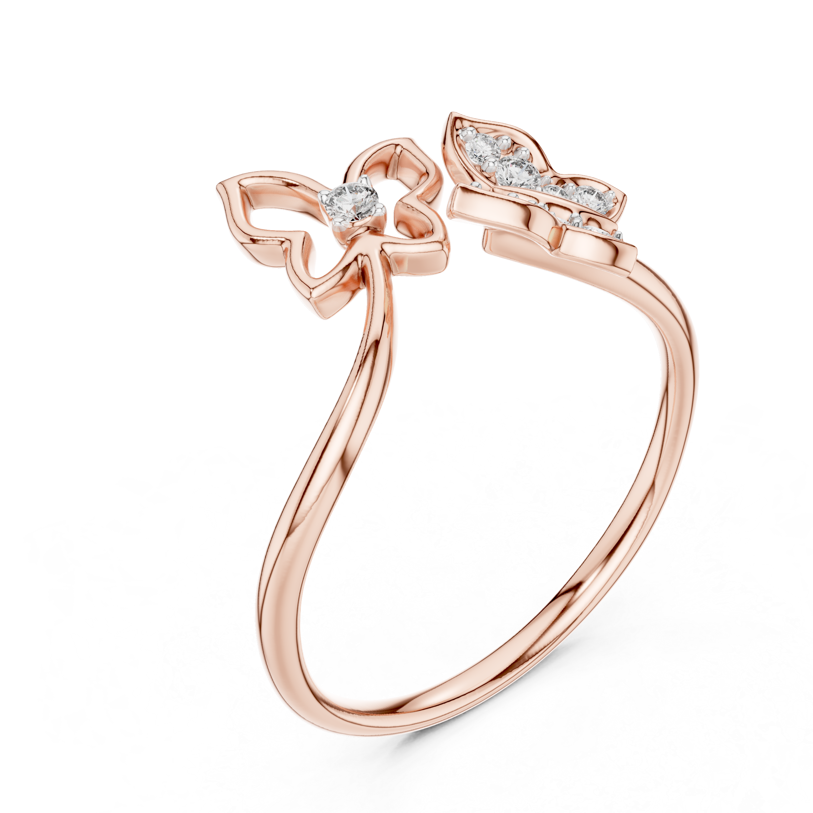 Round Cut Diamond Butterfly Motif Open Ring with Delicate Side Accents