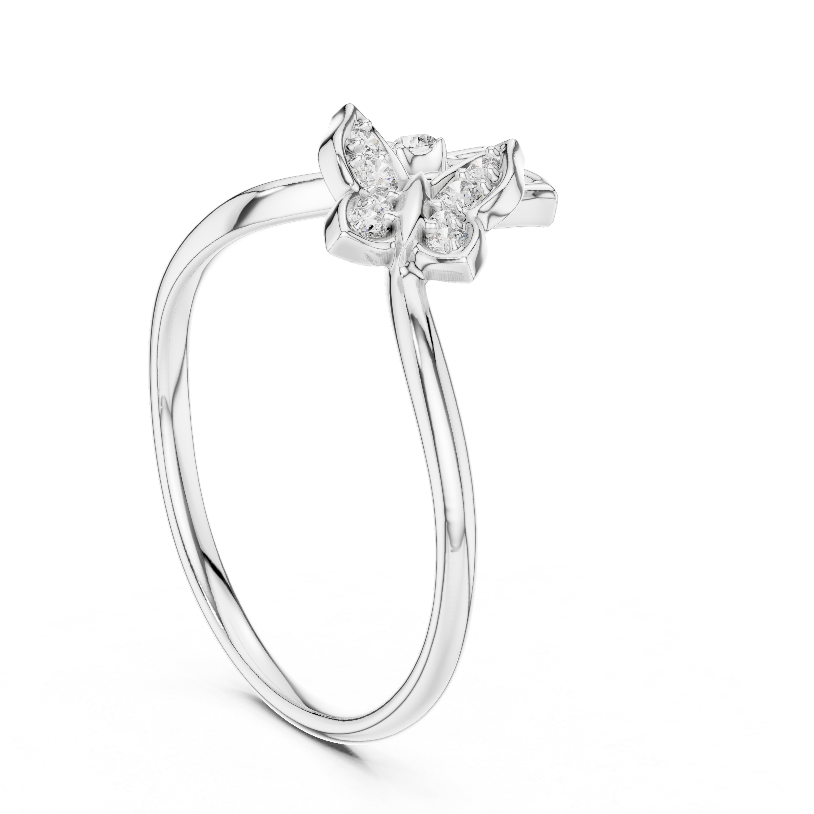 Round Cut Diamond Butterfly Motif Open Ring with Delicate Side Accents