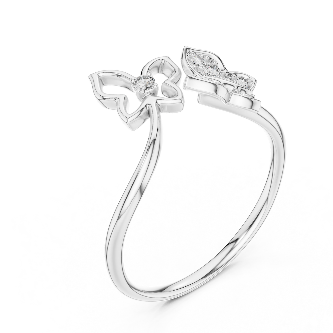 Round Cut Diamond Butterfly Motif Open Ring with Delicate Side Accents