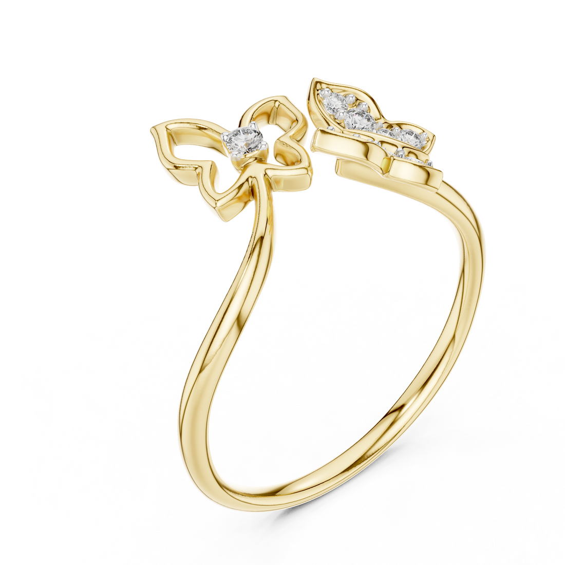 Round Cut Diamond Butterfly Motif Open Ring with Delicate Side Accents
