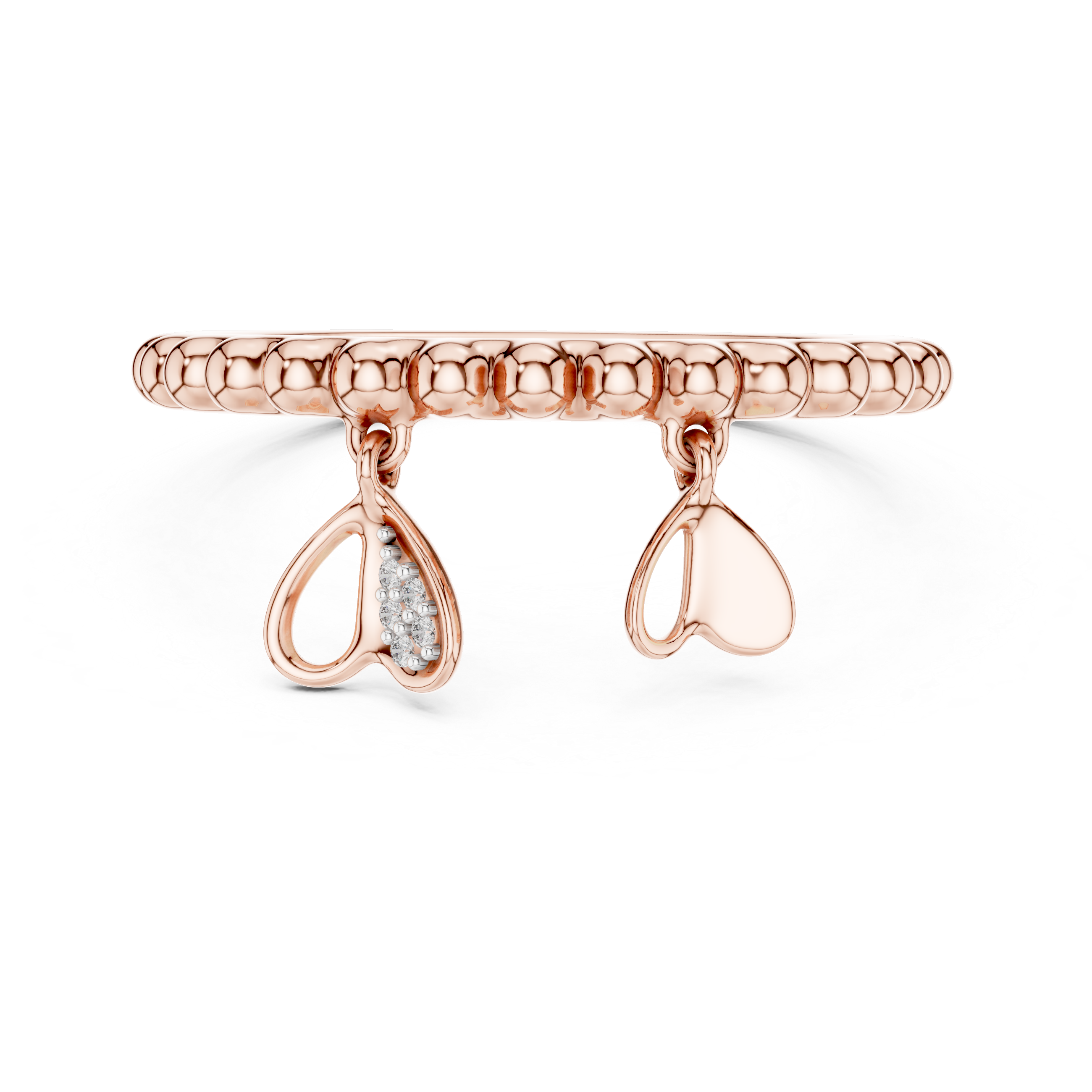 Beaded Diamond Heart Charm Open Band Ring