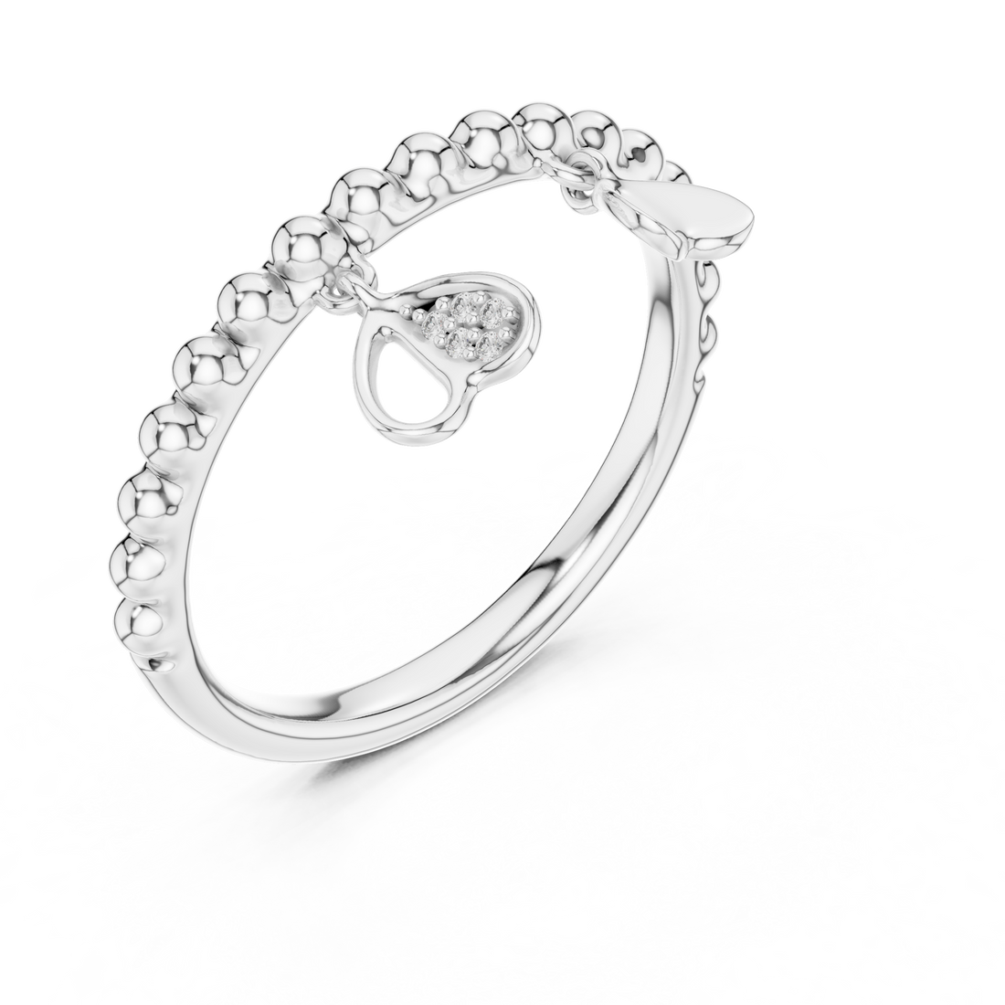 Beaded Diamond Heart Charm Open Band Ring