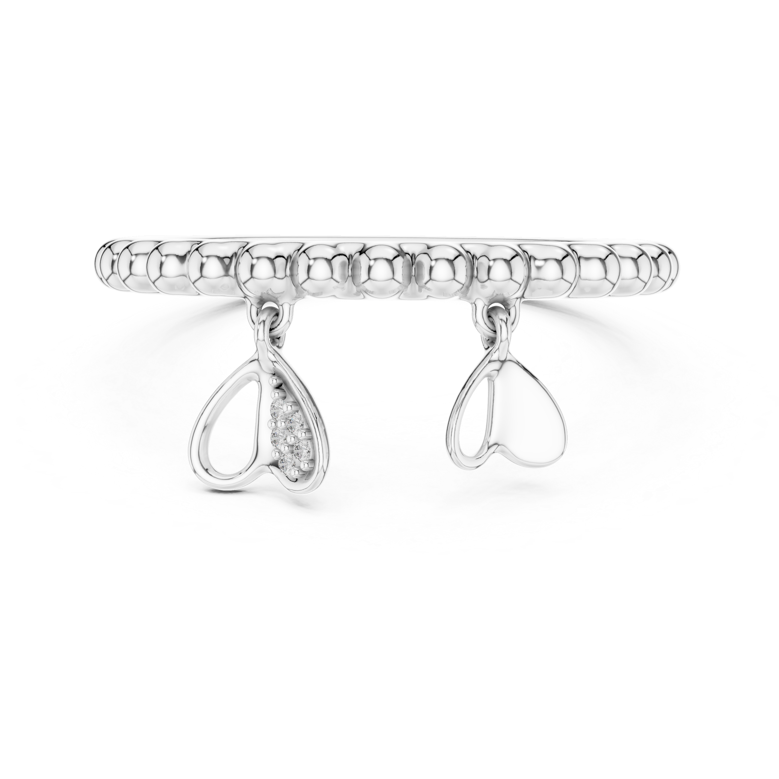 Beaded Diamond Heart Charm Open Band Ring