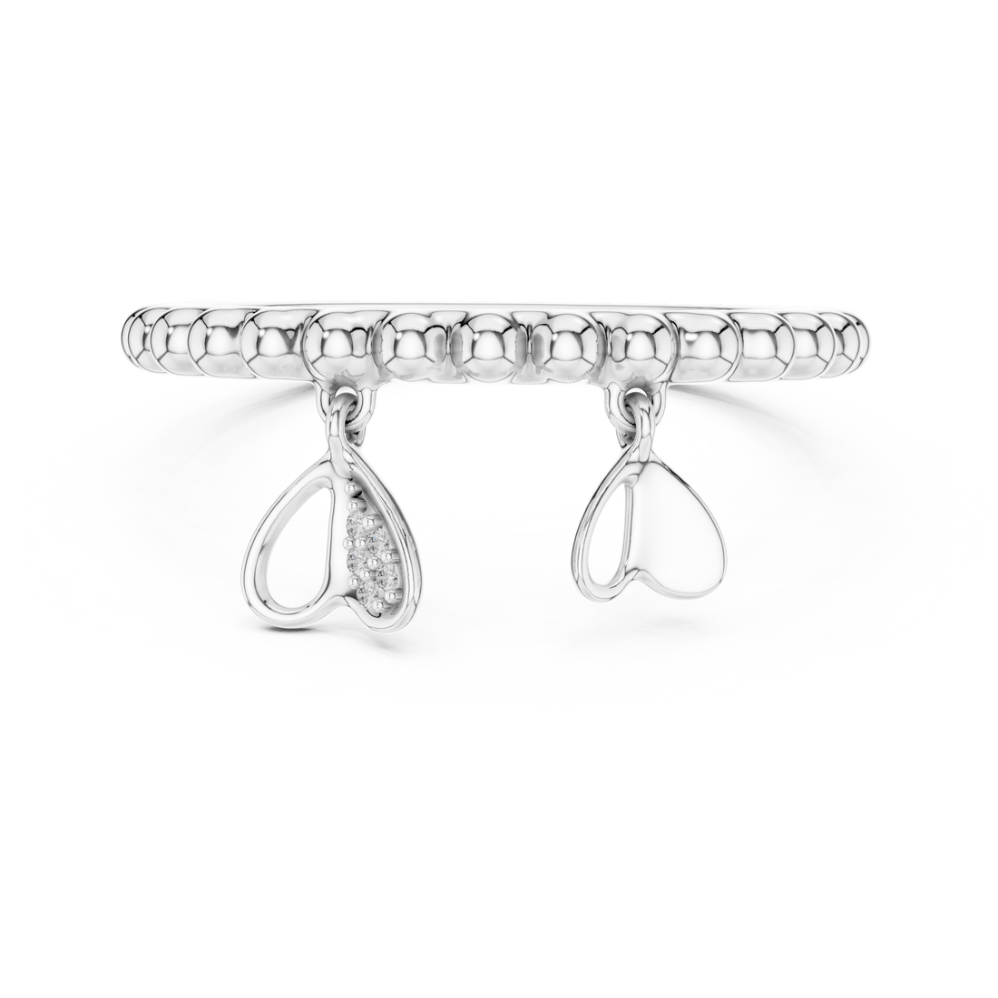Beaded Diamond Heart Charm Open Band Ring