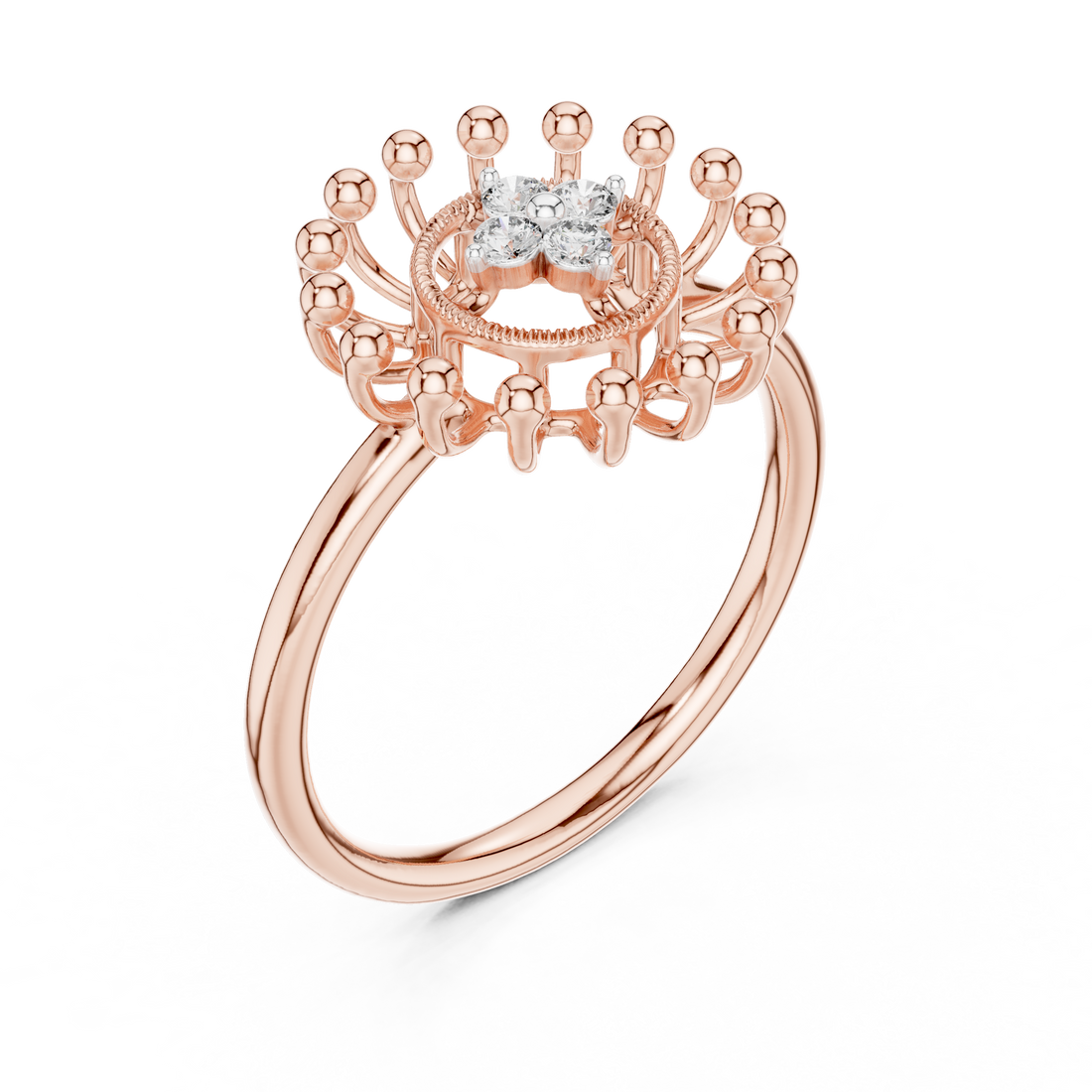 Round Cut Diamond Floral Halo Ring with Sculpted Beaded Motif