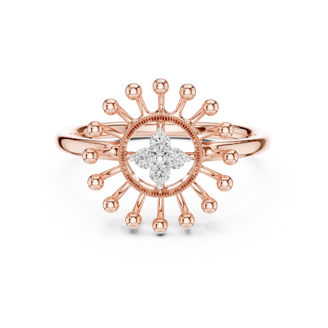 Round Cut Diamond Floral Halo Ring with Sculpted Beaded Motif