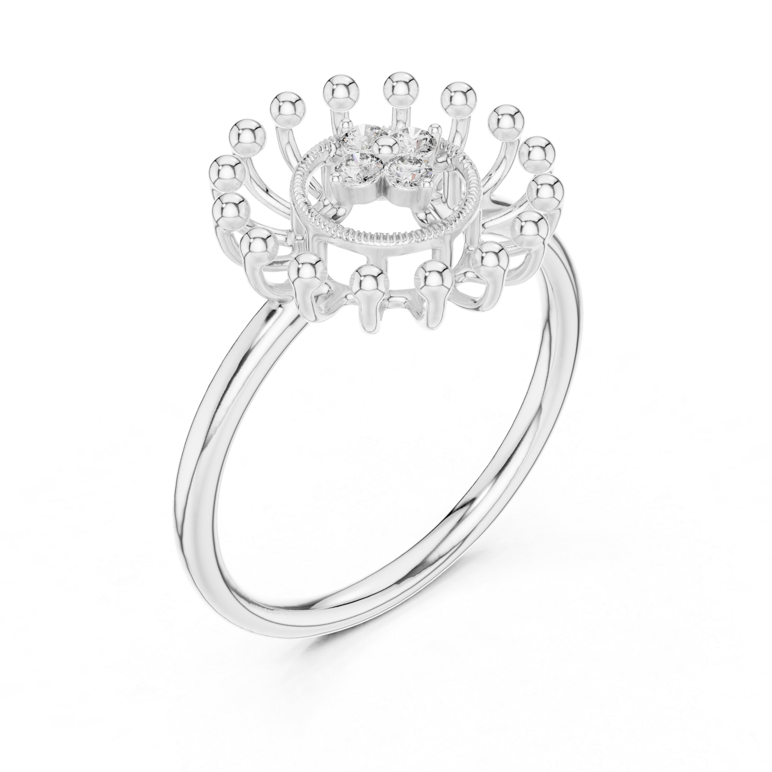 Round Cut Diamond Floral Halo Ring with Sculpted Beaded Motif