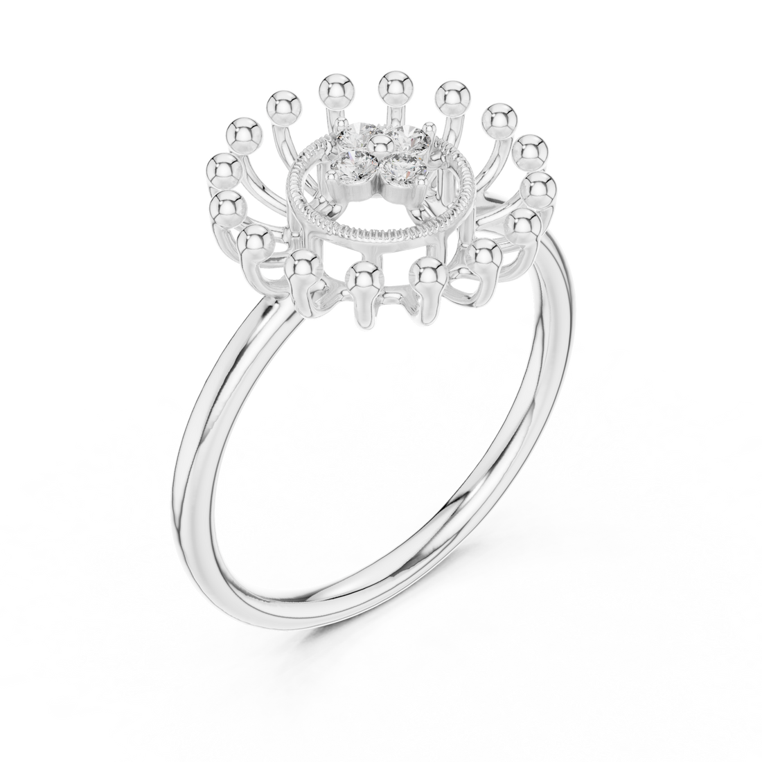 Round Cut Diamond Floral Halo Ring with Sculpted Beaded Motif