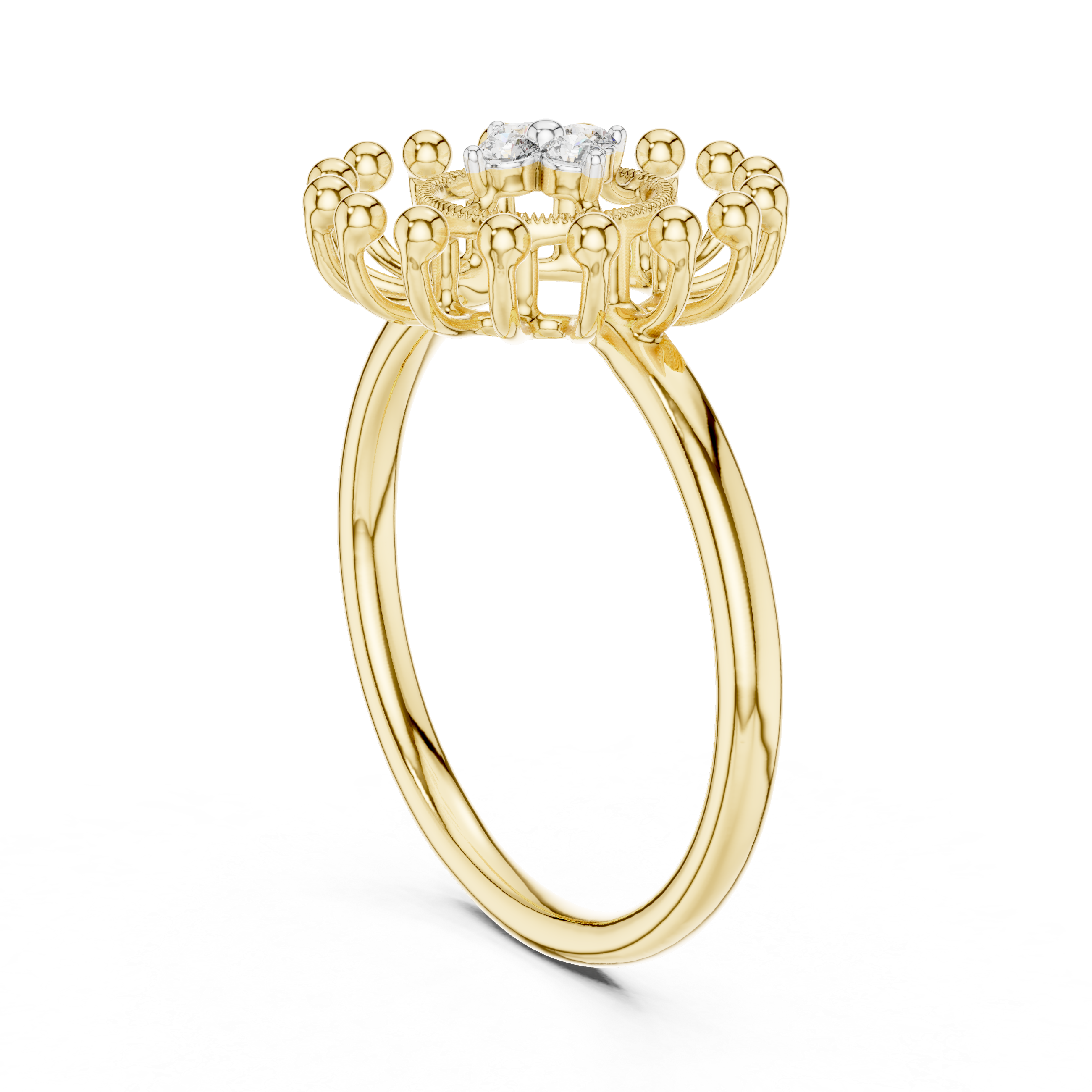 Round Cut Diamond Floral Halo Ring with Sculpted Beaded Motif