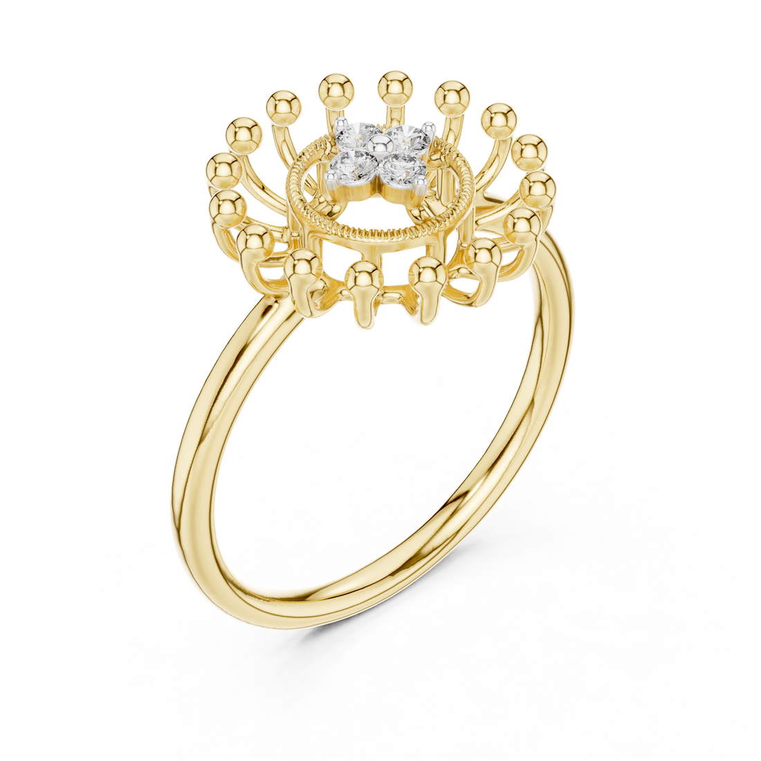 Round Cut Diamond Floral Halo Ring with Sculpted Beaded Motif