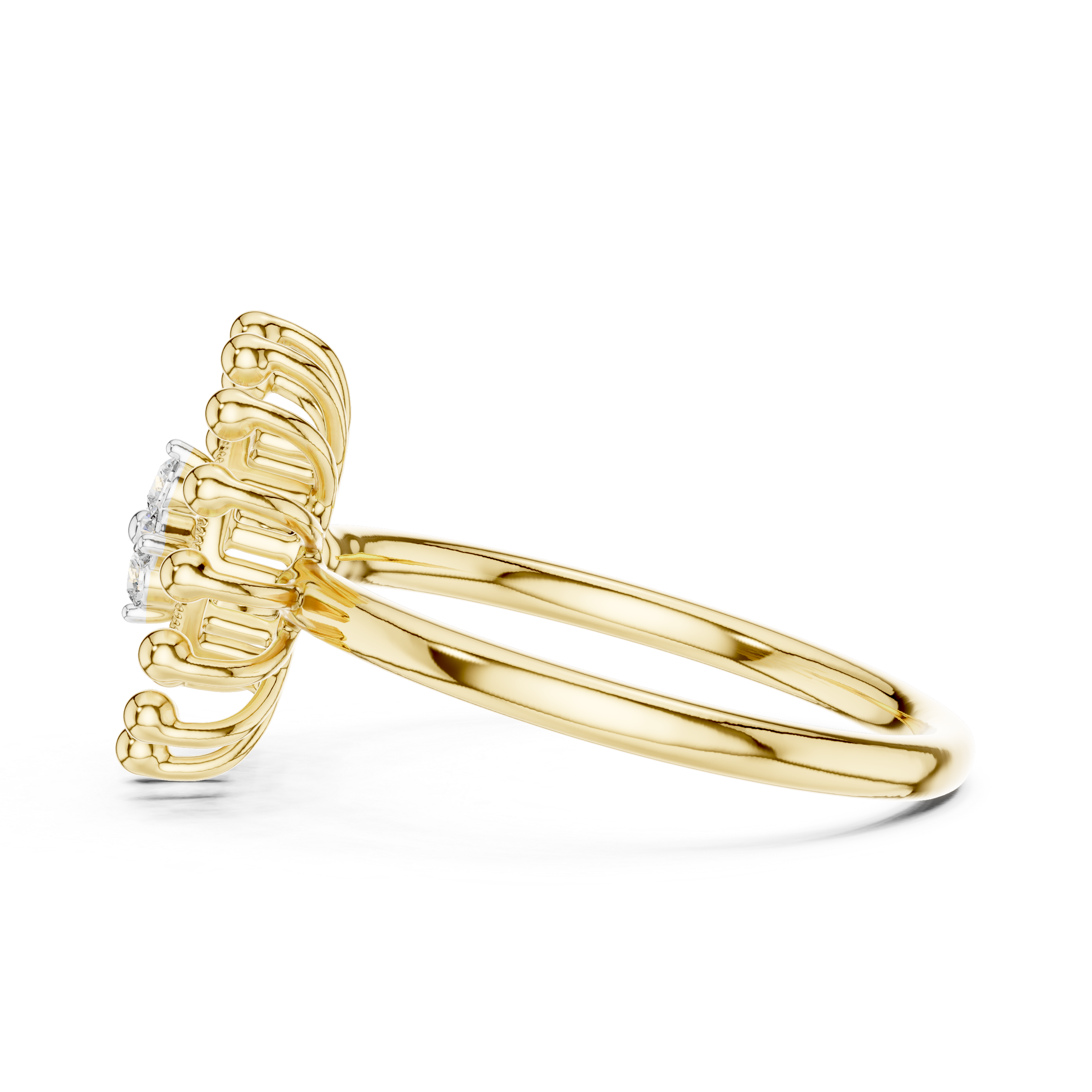 Round Cut Diamond Floral Halo Ring with Sculpted Beaded Motif