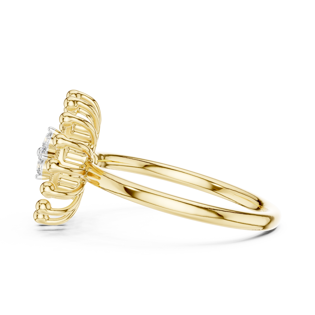 Round Cut Diamond Floral Halo Ring with Sculpted Beaded Motif