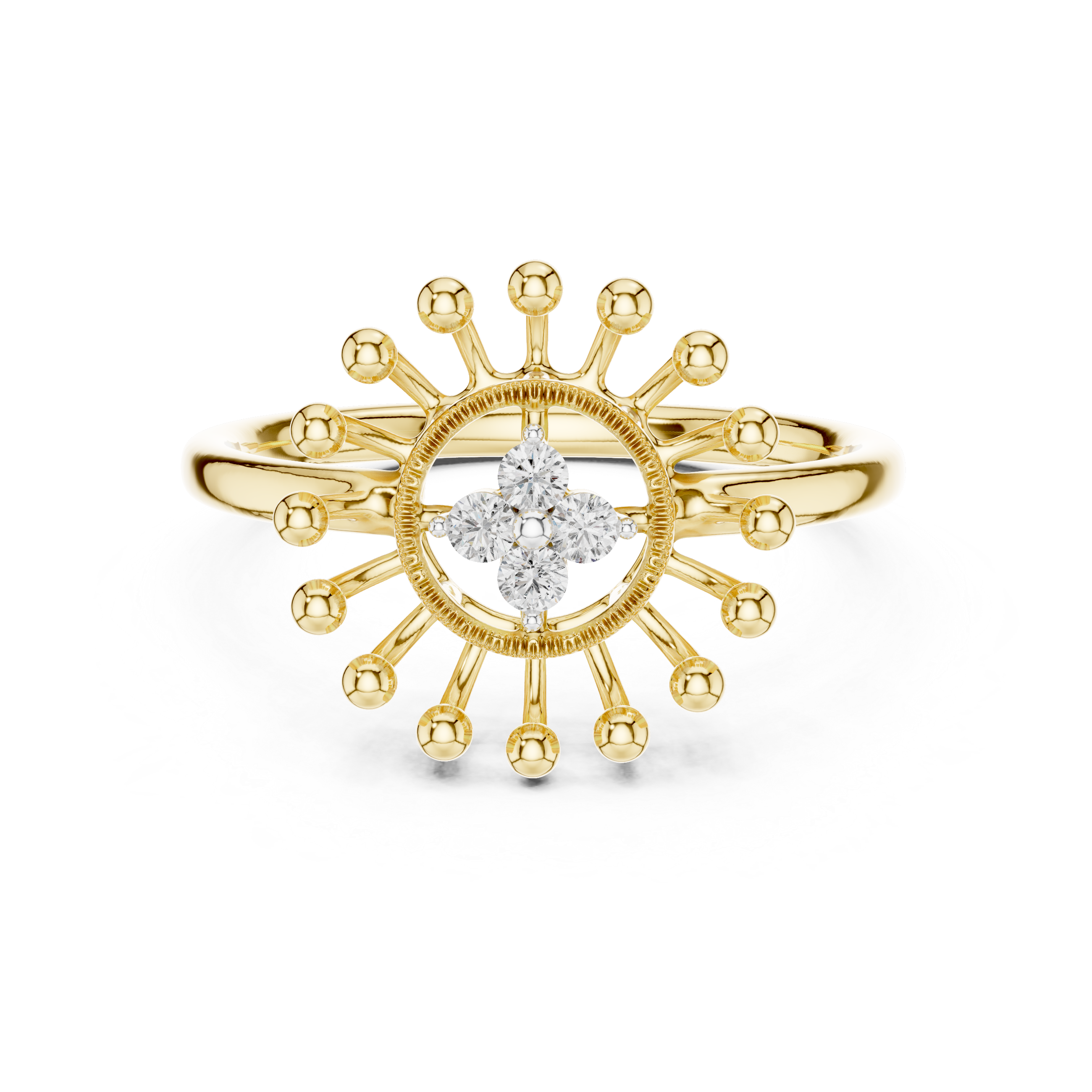 Round Cut Diamond Floral Halo Ring with Sculpted Beaded Motif