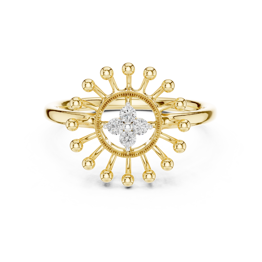 Round Cut Diamond Floral Halo Ring with Sculpted Beaded Motif