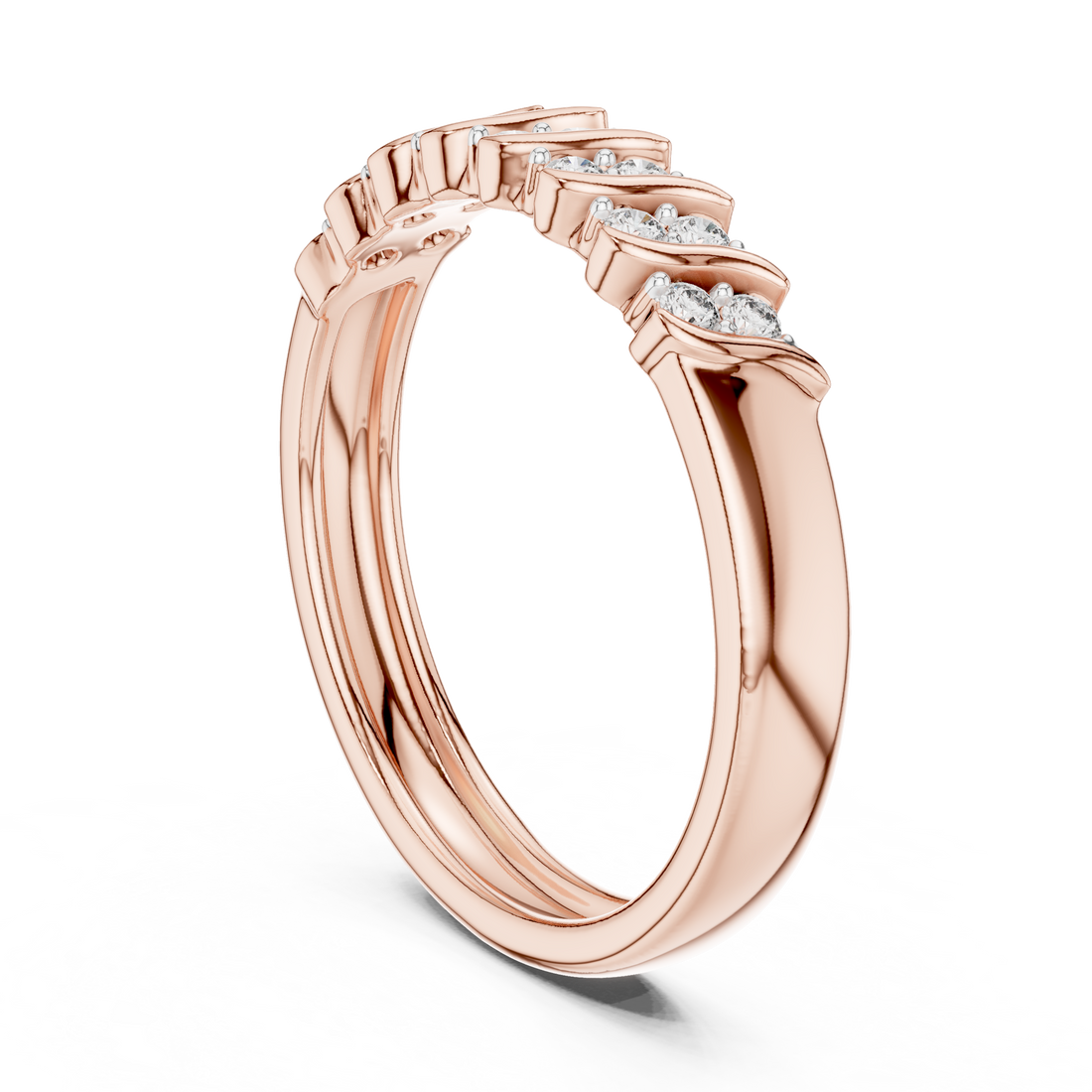 Round Cut Diamond Wave Side Stone Band Ring