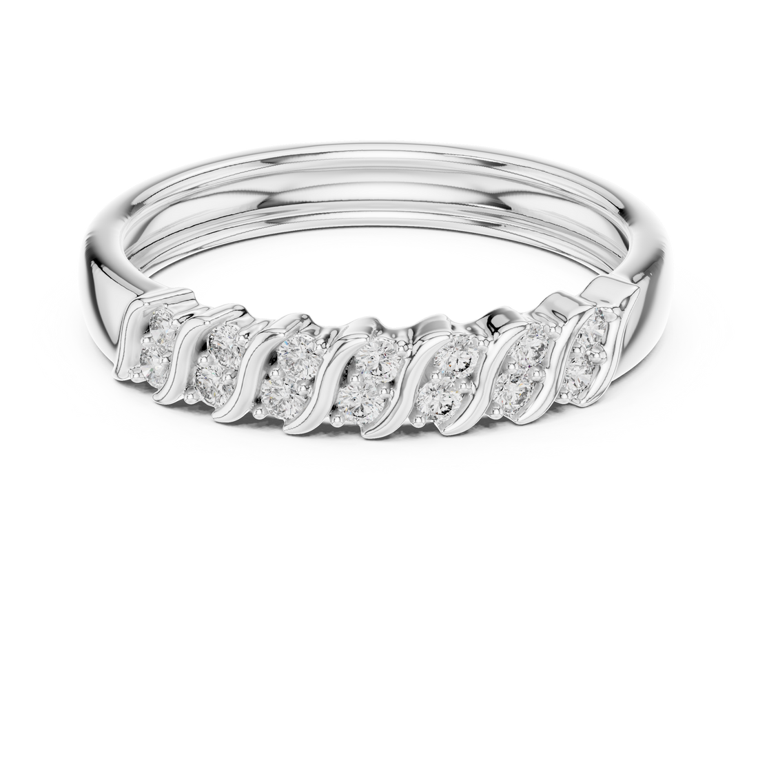 Round Cut Diamond Wave Side Stone Band Ring