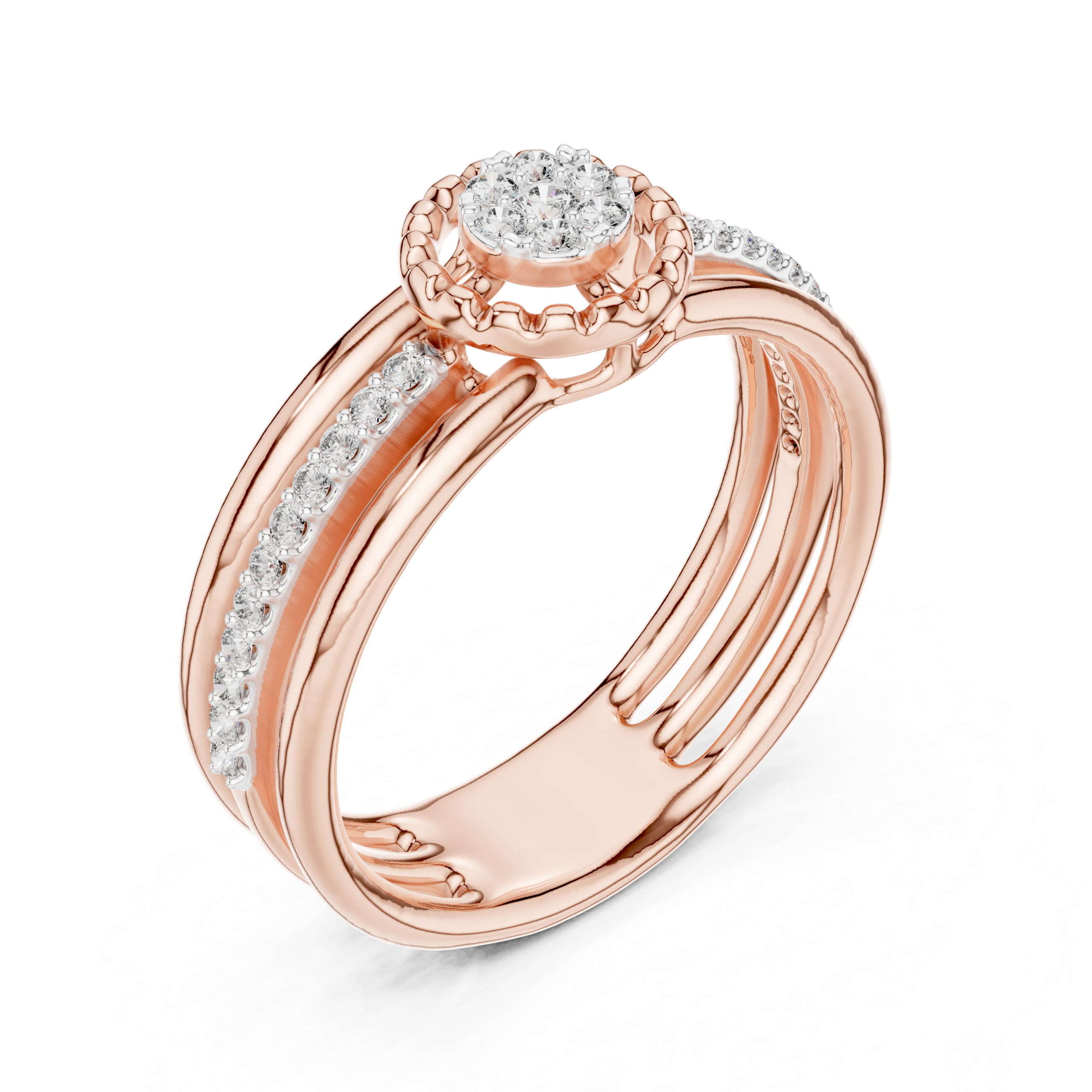 Round Cut Diamond Halo Side Stone Band Ring