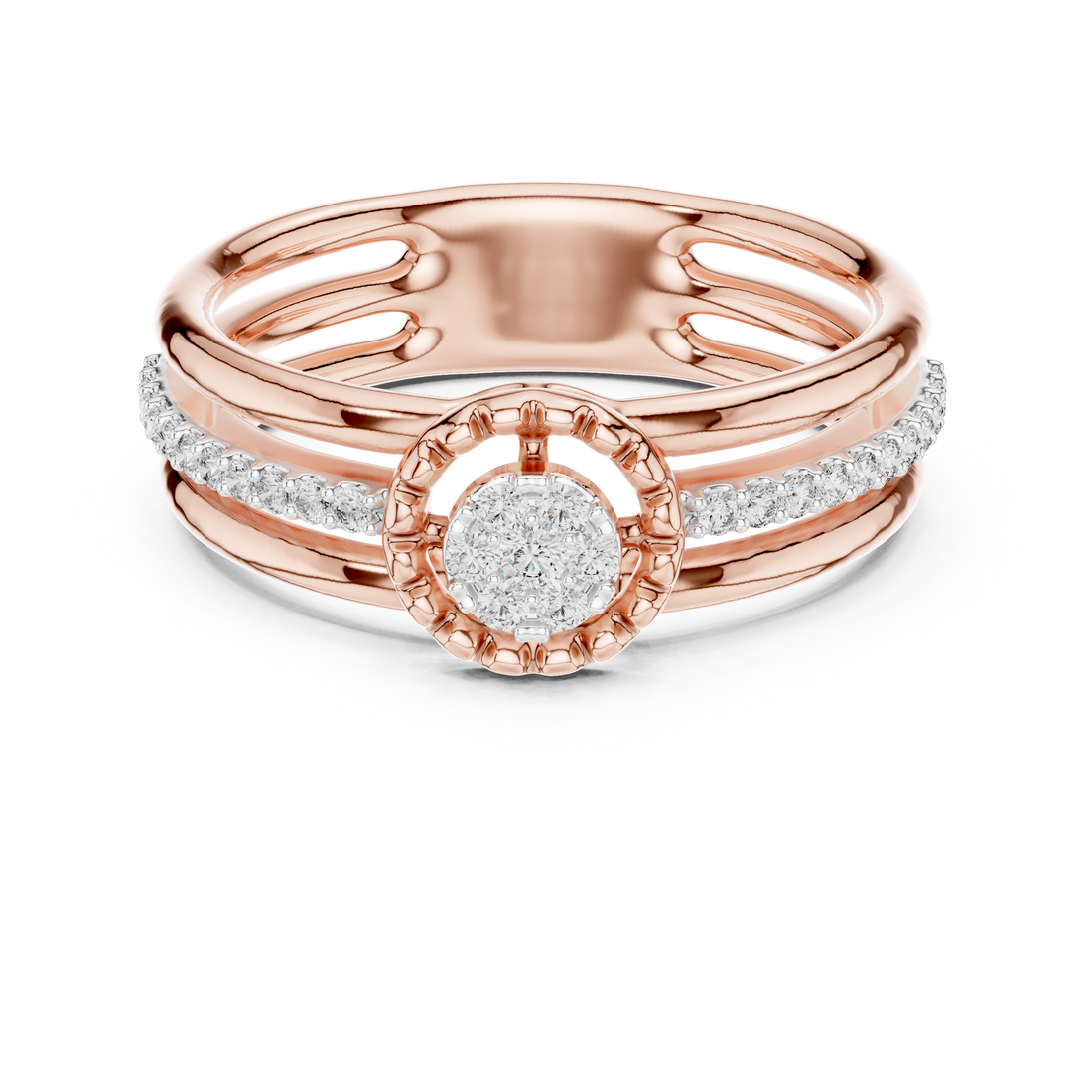 Round Cut Diamond Halo Side Stone Band Ring