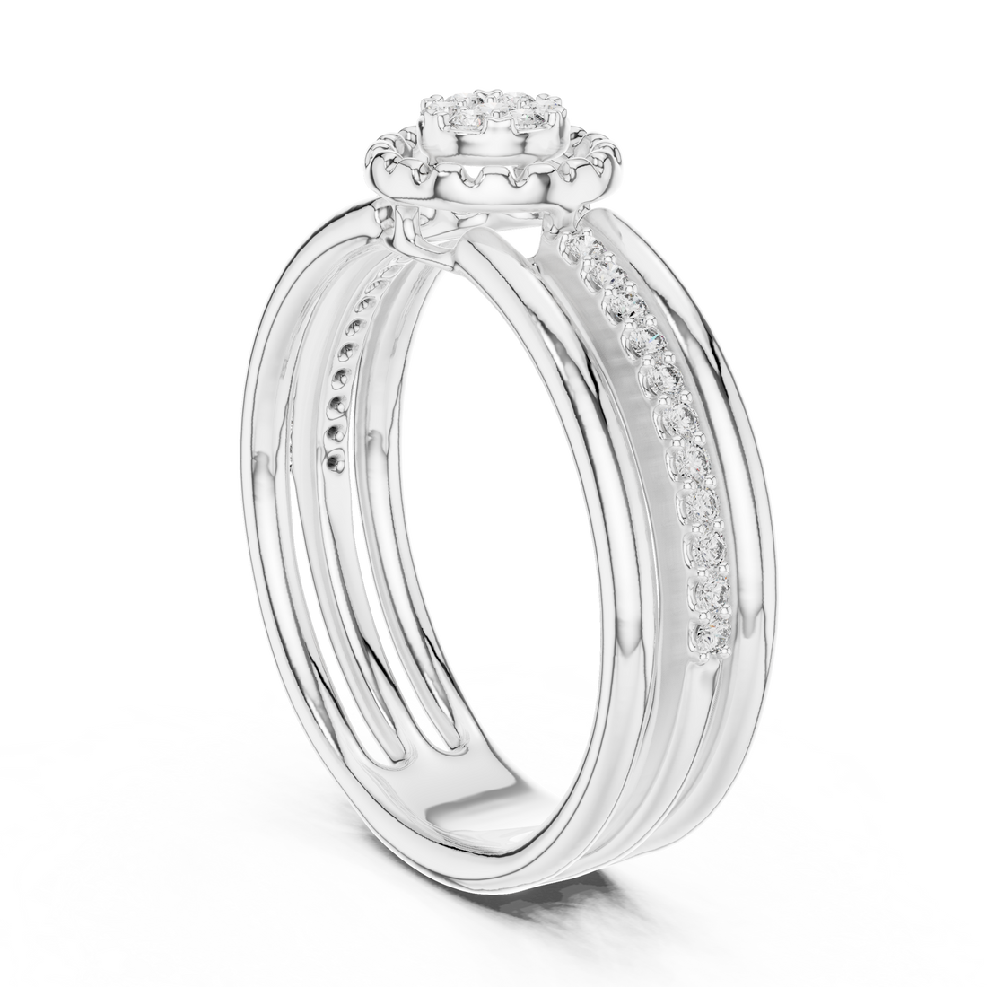 Round Cut Diamond Halo Side Stone Band Ring