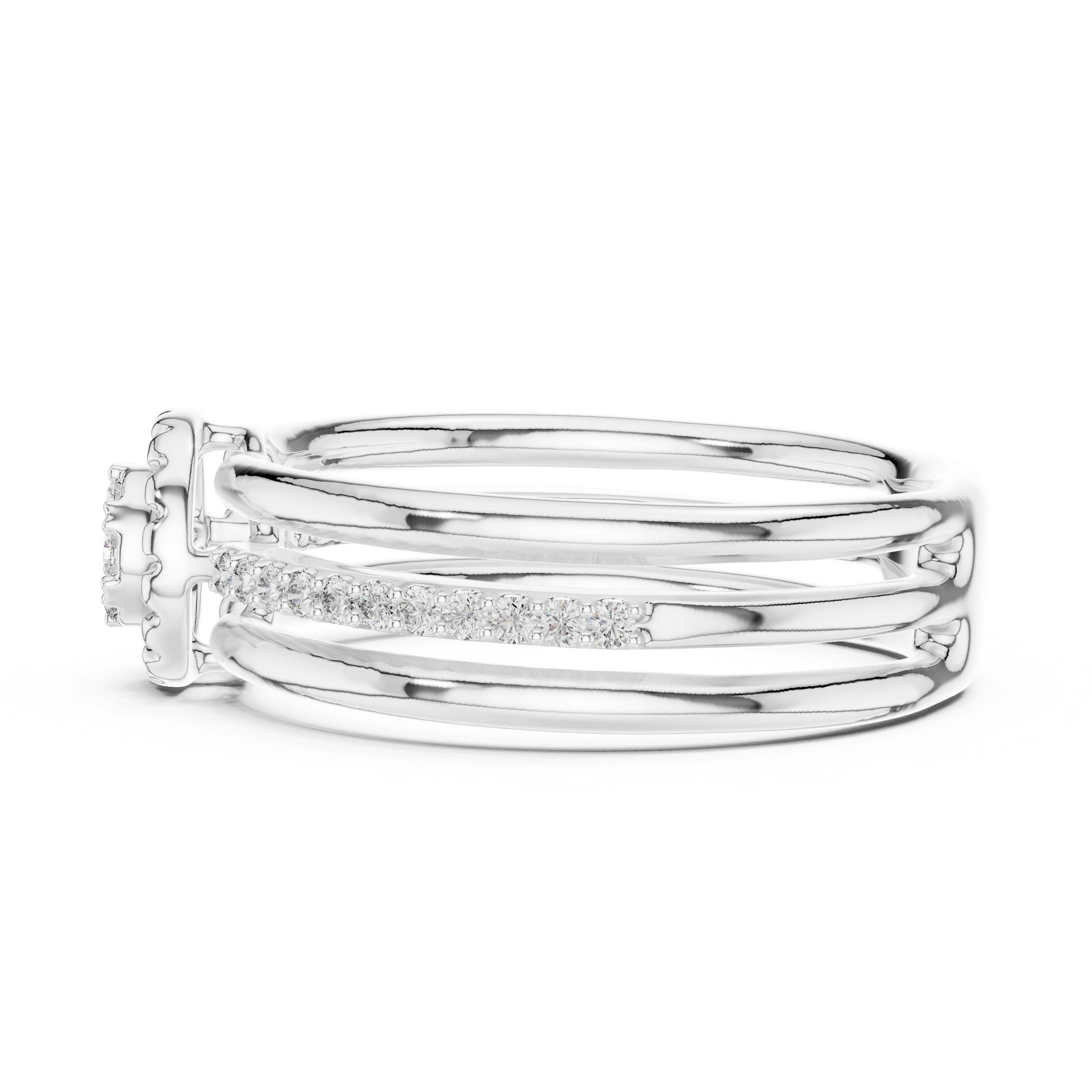 Round Cut Diamond Halo Side Stone Band Ring