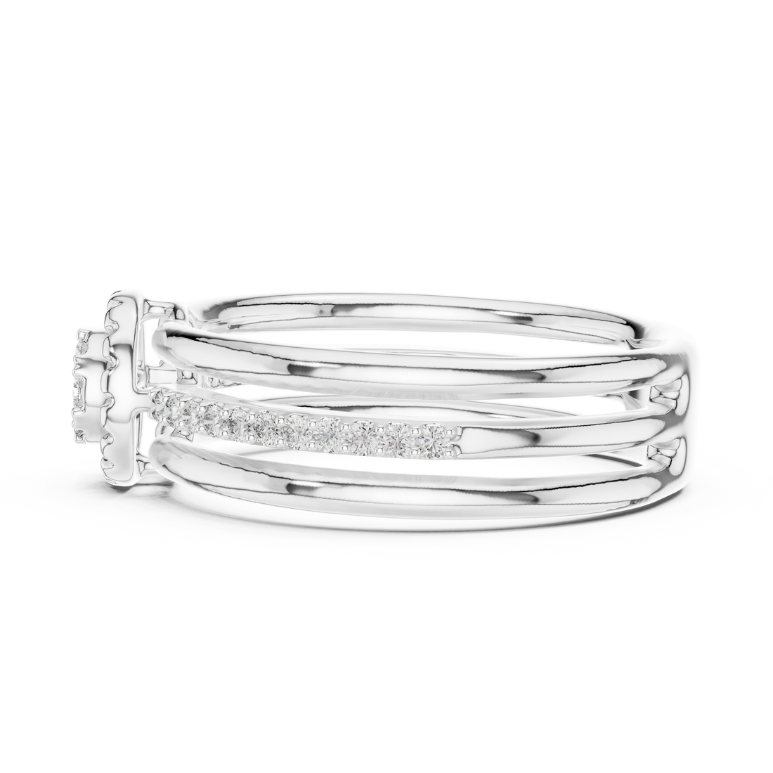 Round Cut Diamond Halo Side Stone Band Ring