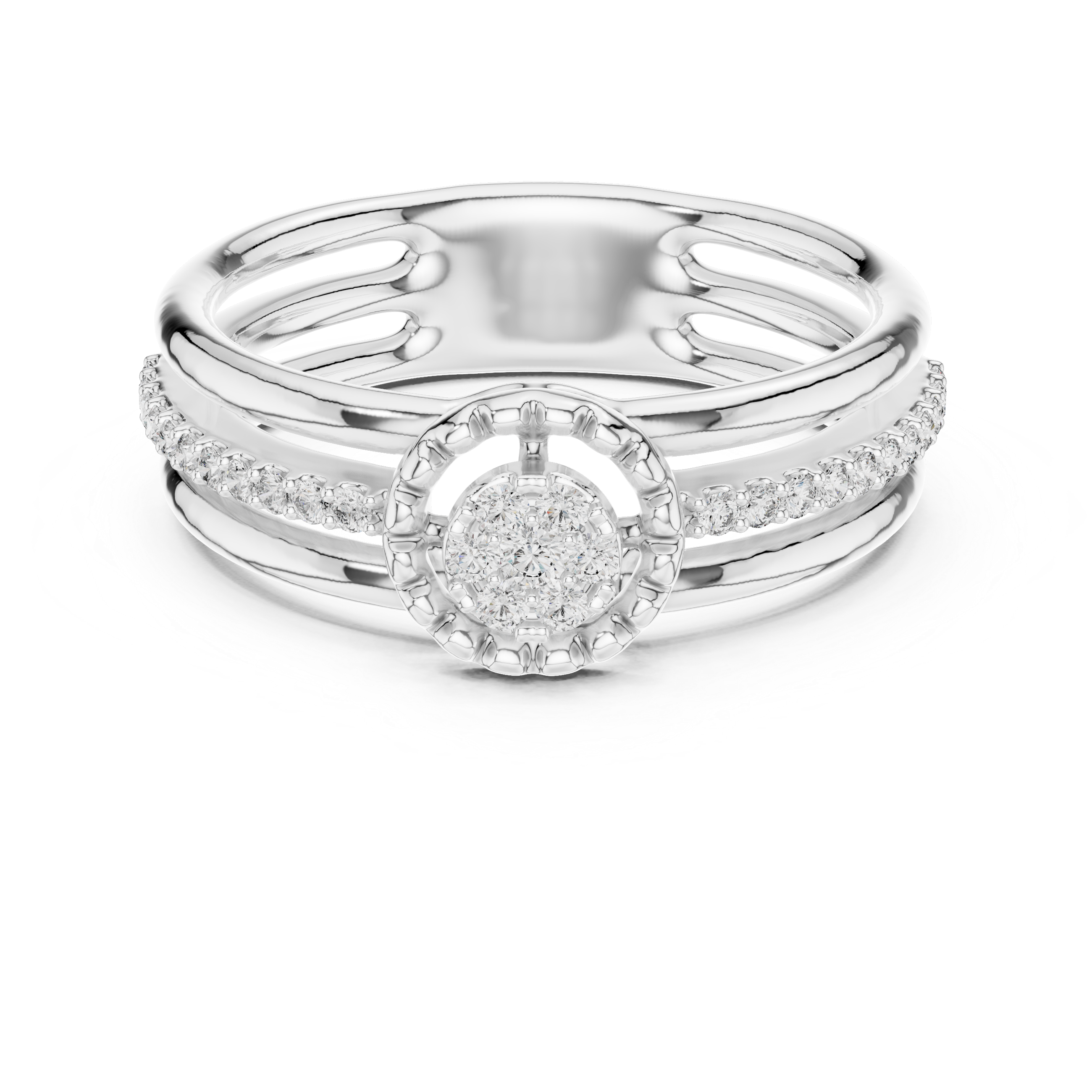 Round Cut Diamond Halo Side Stone Band Ring