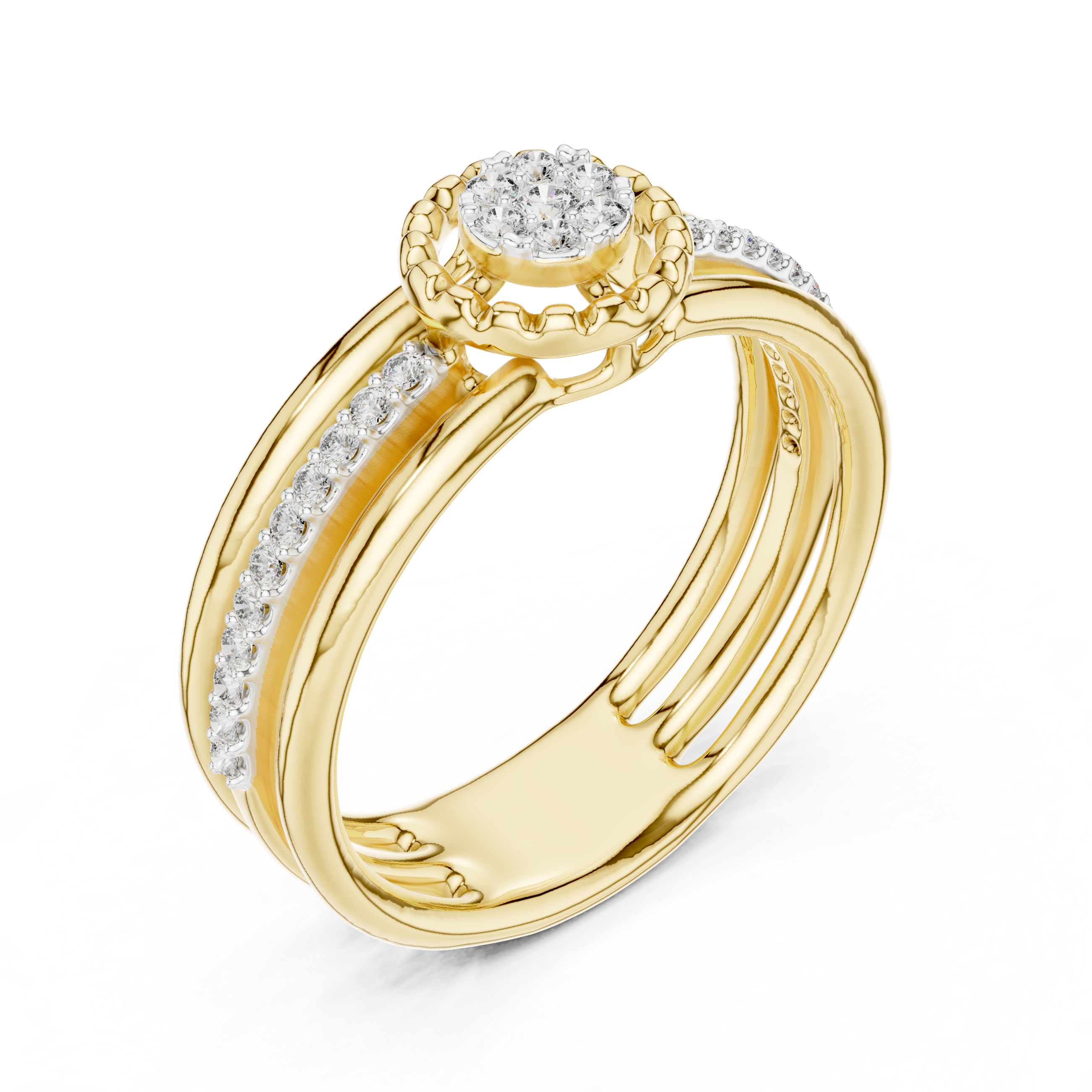 Round Cut Diamond Halo Side Stone Band Ring