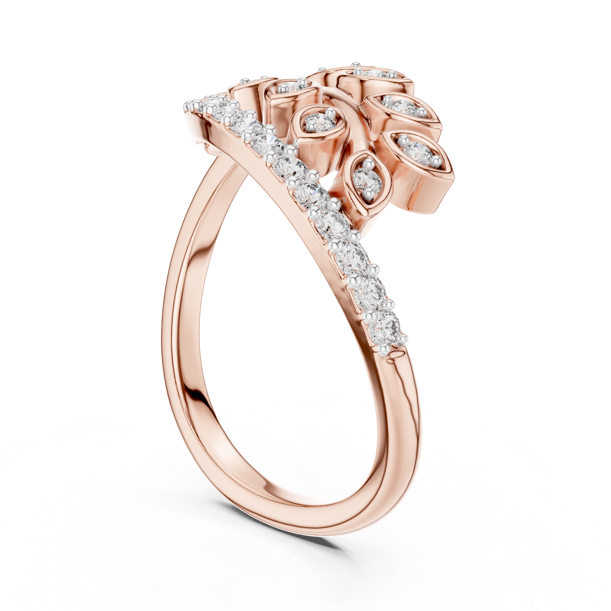 Round Cut Diamond Leaf Motif Side Stone Ring