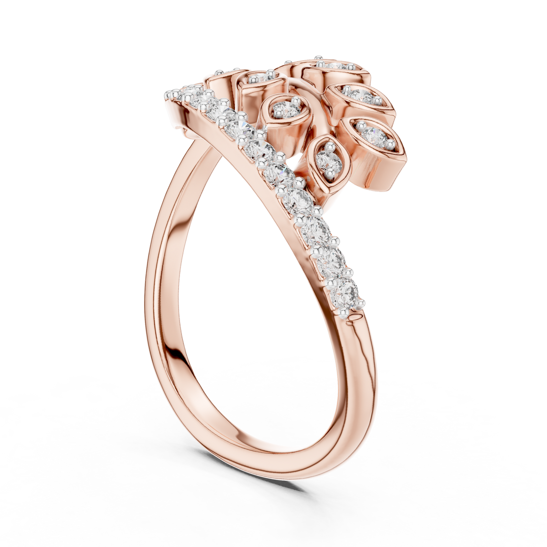 Round Cut Diamond Leaf Motif Side Stone Ring