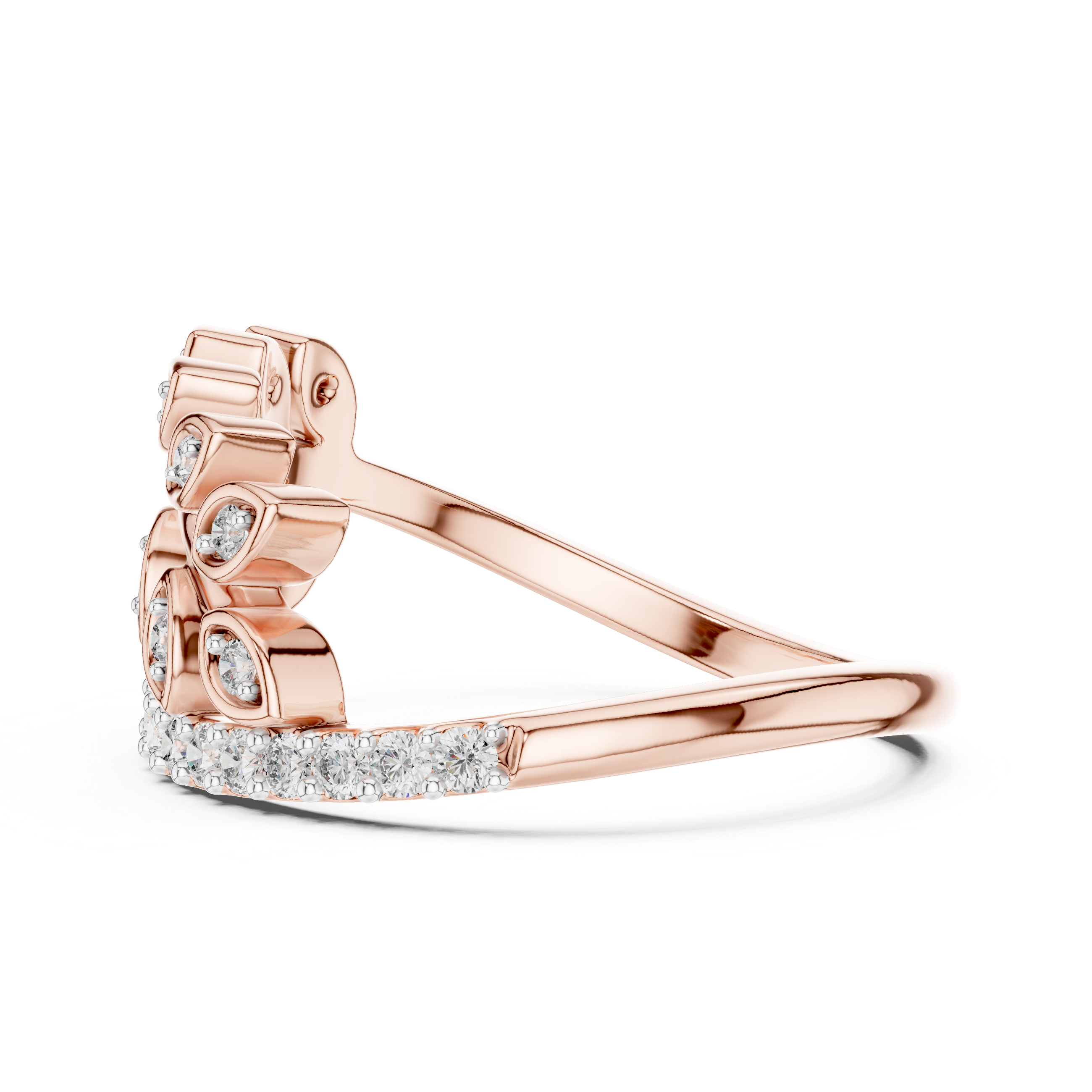 Round Cut Diamond Leaf Motif Side Stone Ring