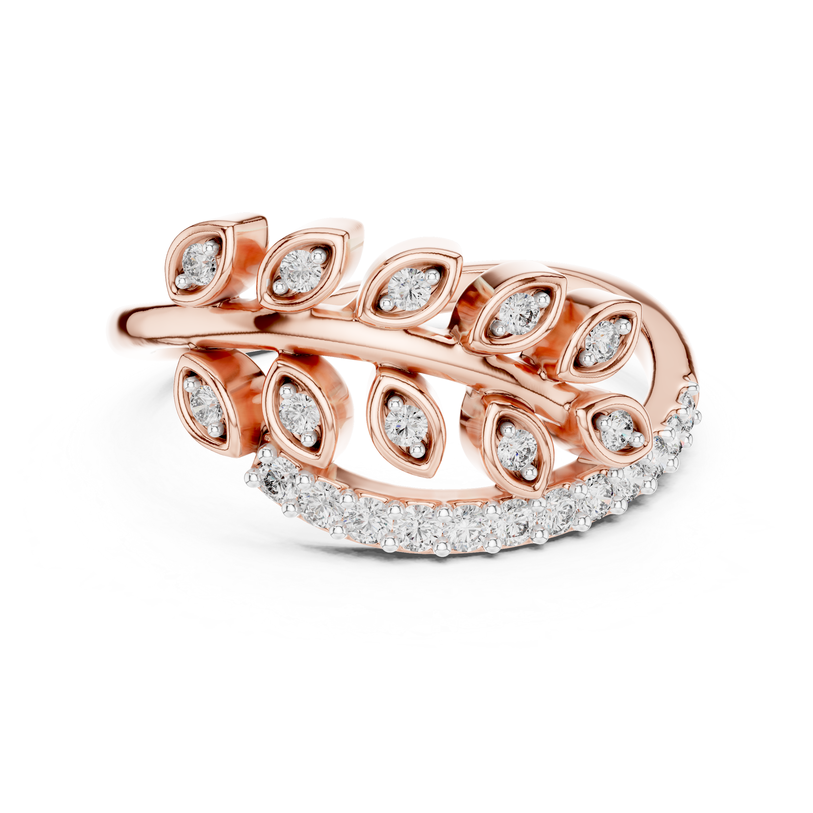 Round Cut Diamond Leaf Motif Side Stone Ring