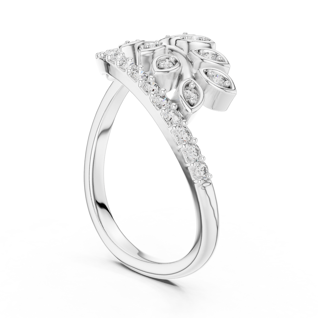 Round Cut Diamond Leaf Motif Side Stone Ring