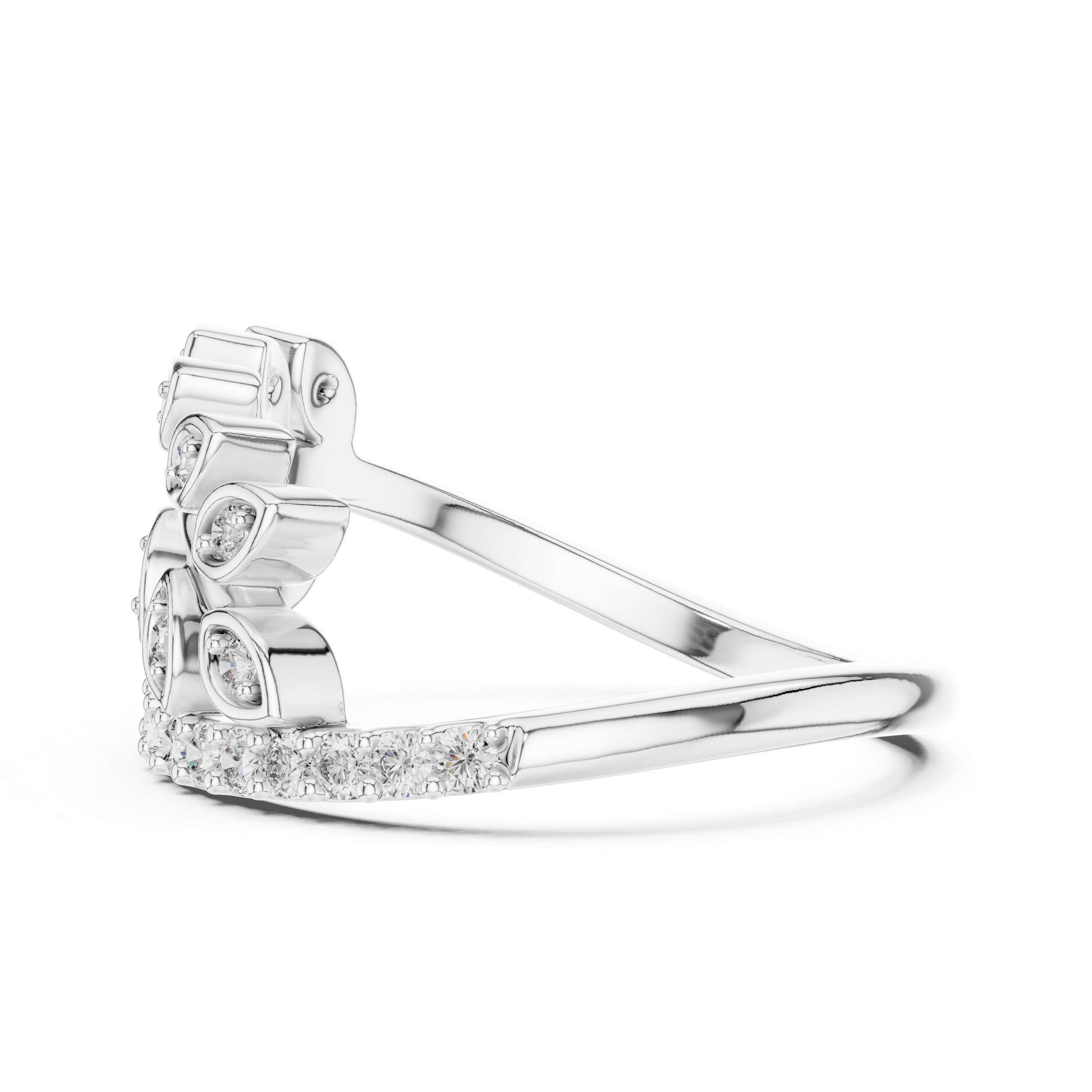 Round Cut Diamond Leaf Motif Side Stone Ring