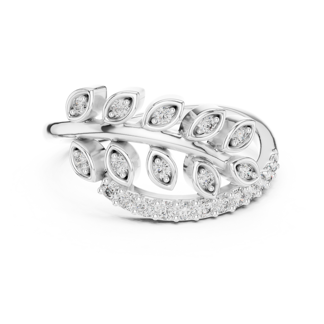 Round Cut Diamond Leaf Motif Side Stone Ring