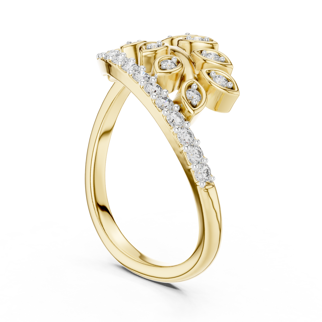 Round Cut Diamond Leaf Motif Side Stone Ring